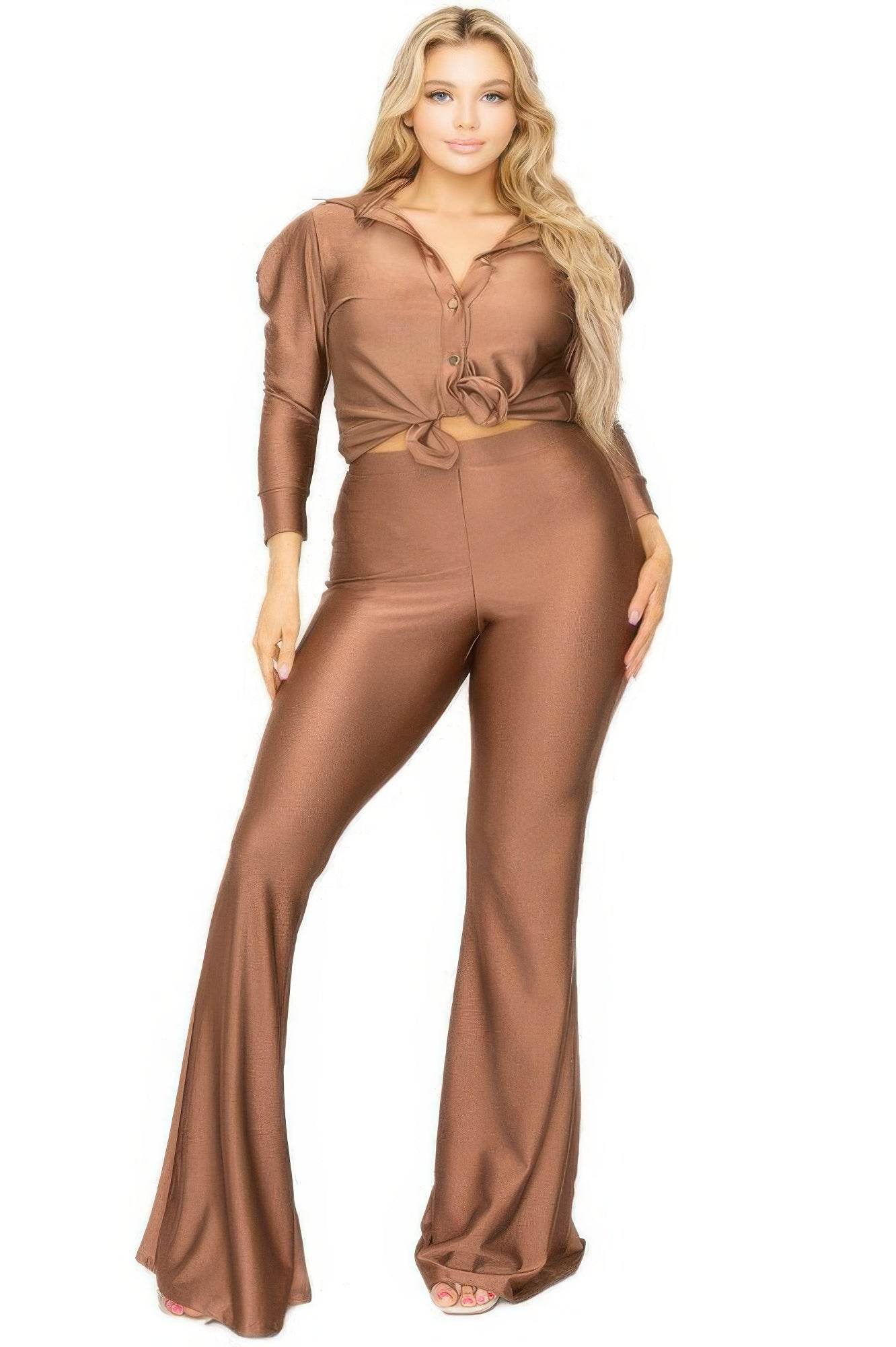 Plus Satin 3/4 Sleeve Wide Leg 2 Piece Set - Ultim8 Designs 4 U