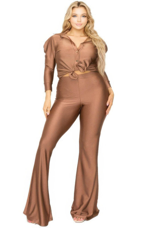Plus Satin 3/4 Sleeve Wide Leg 2 Piece Set - Ultim8 Designs 4 U
