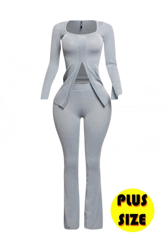 Plus Size Ribbed Pant Set With Slit Detail - Ultim8 Designs 4 U