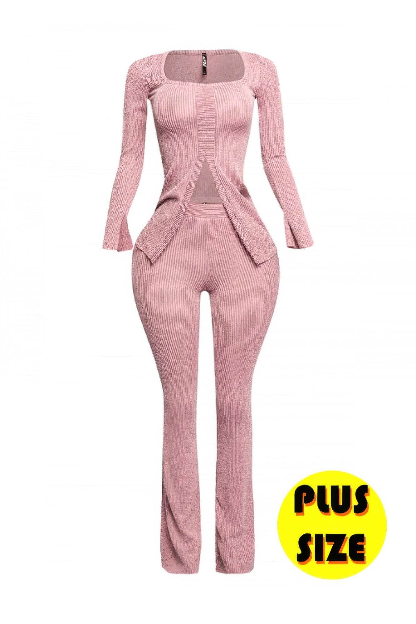 Plus Size Ribbed Pant Set With Slit Detail - Ultim8 Designs 4 U