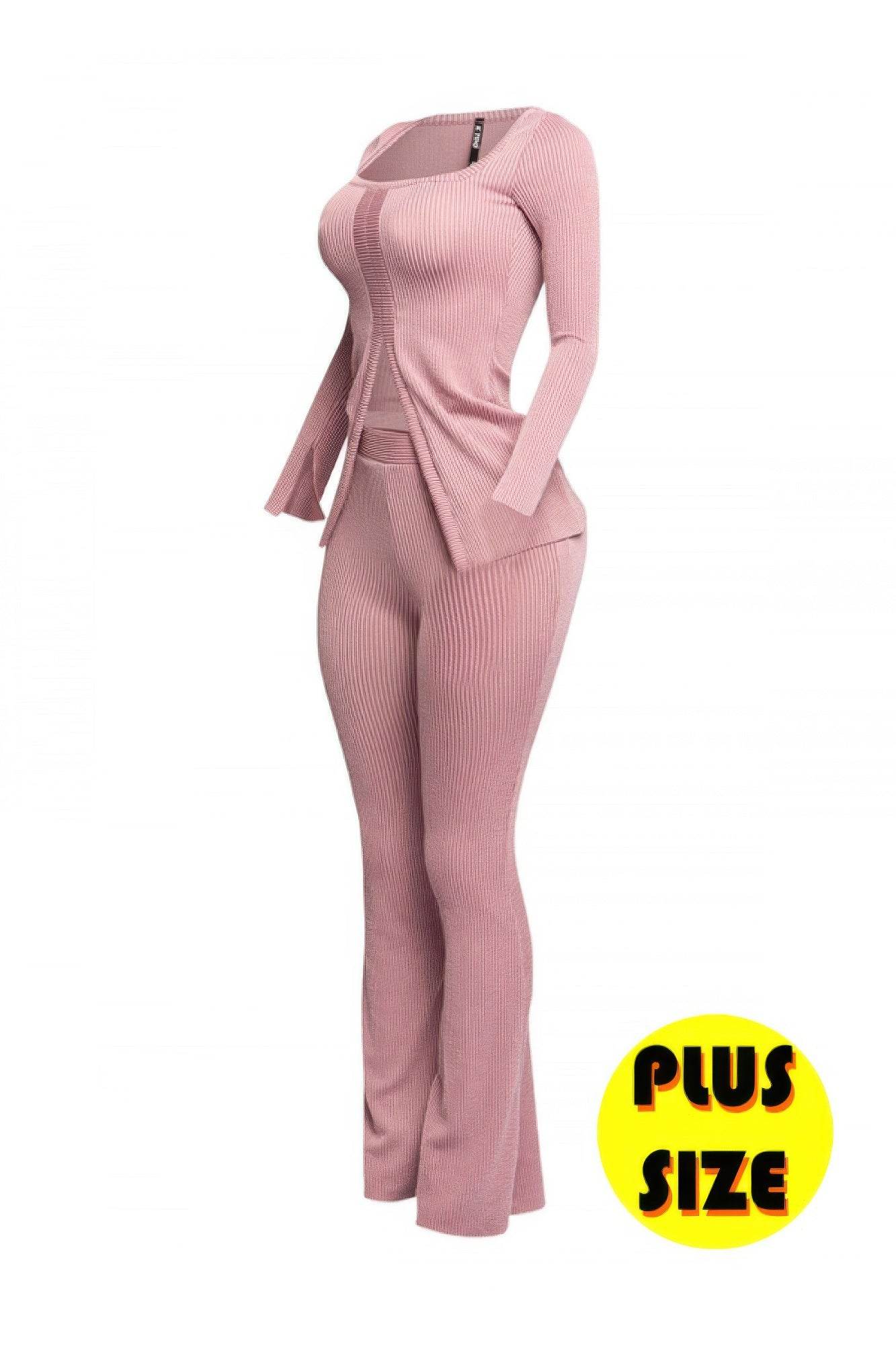 Plus Size Ribbed Pant Set With Slit Detail - Ultim8 Designs 4 U
