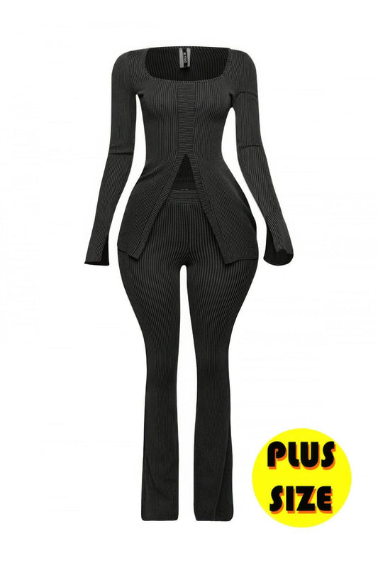 Plus Size Ribbed Pant Set With Slit Detail - Ultim8 Designs 4 U