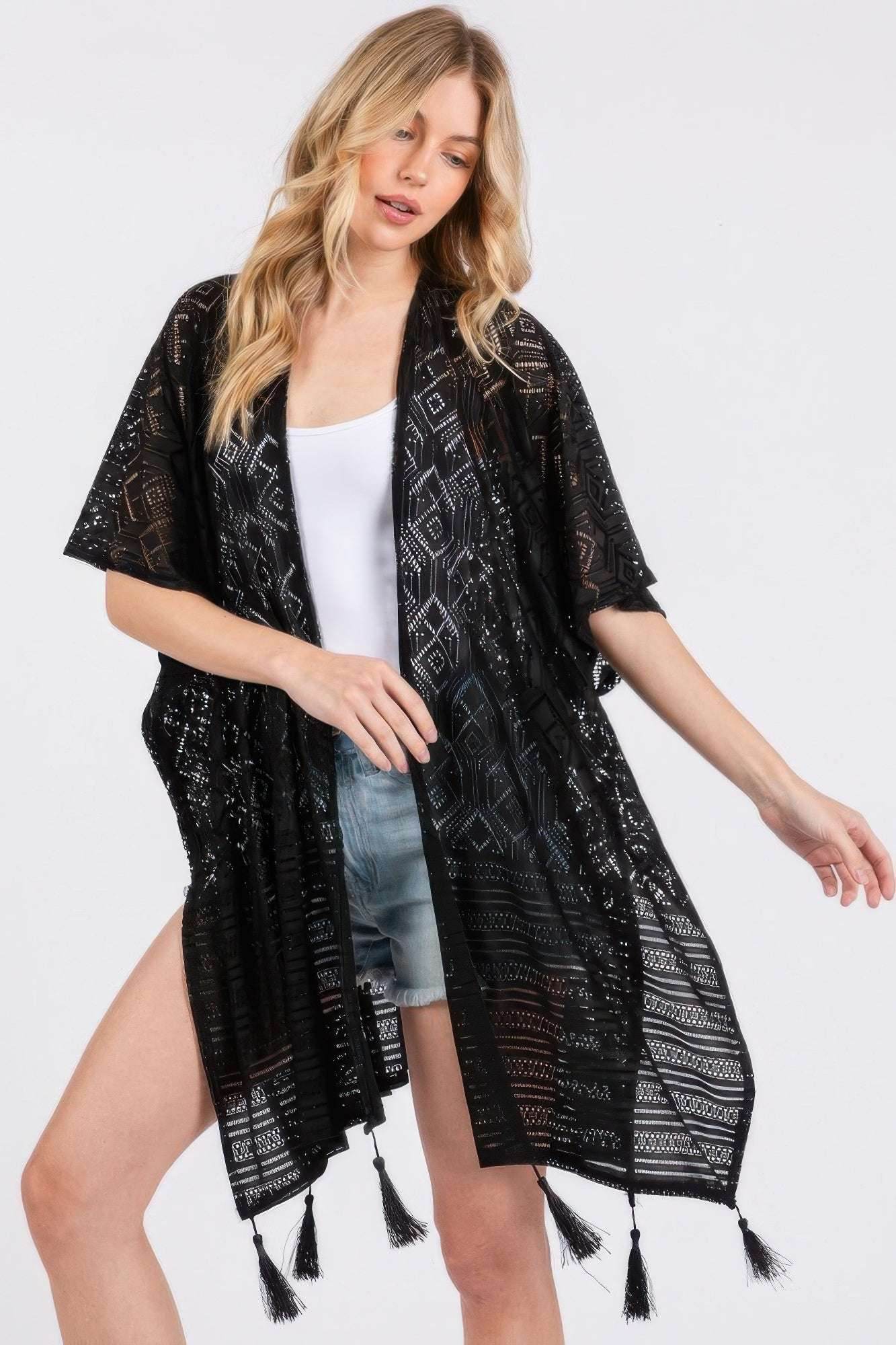 Geometric Pattern Tassel Cover Up - Ultim8 Designs 4 U