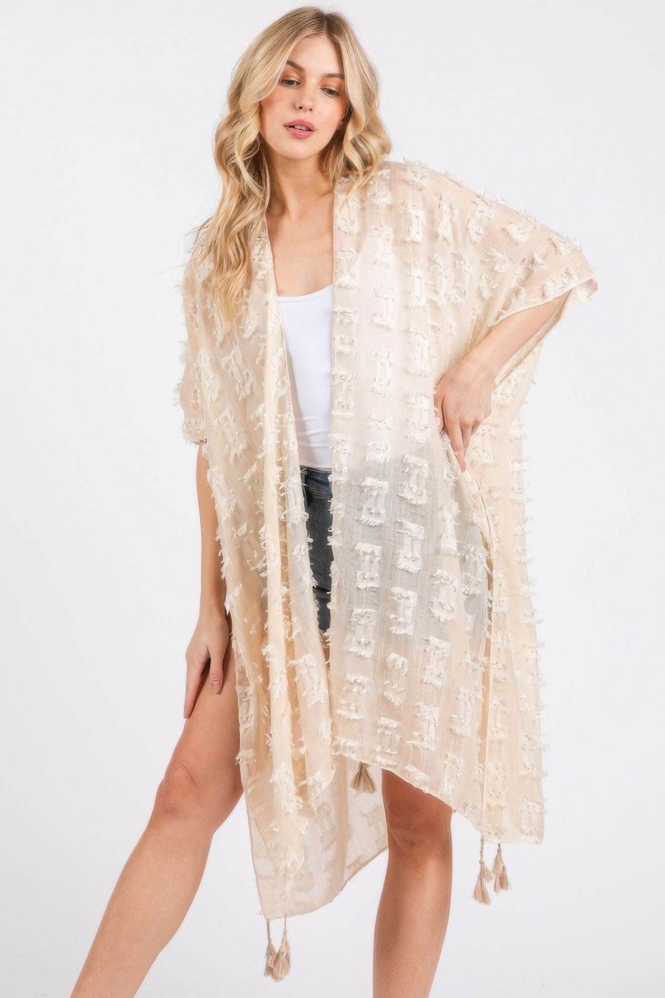 Distressed Pattern Tassel Kimono - Ultim8 Designs 4 U