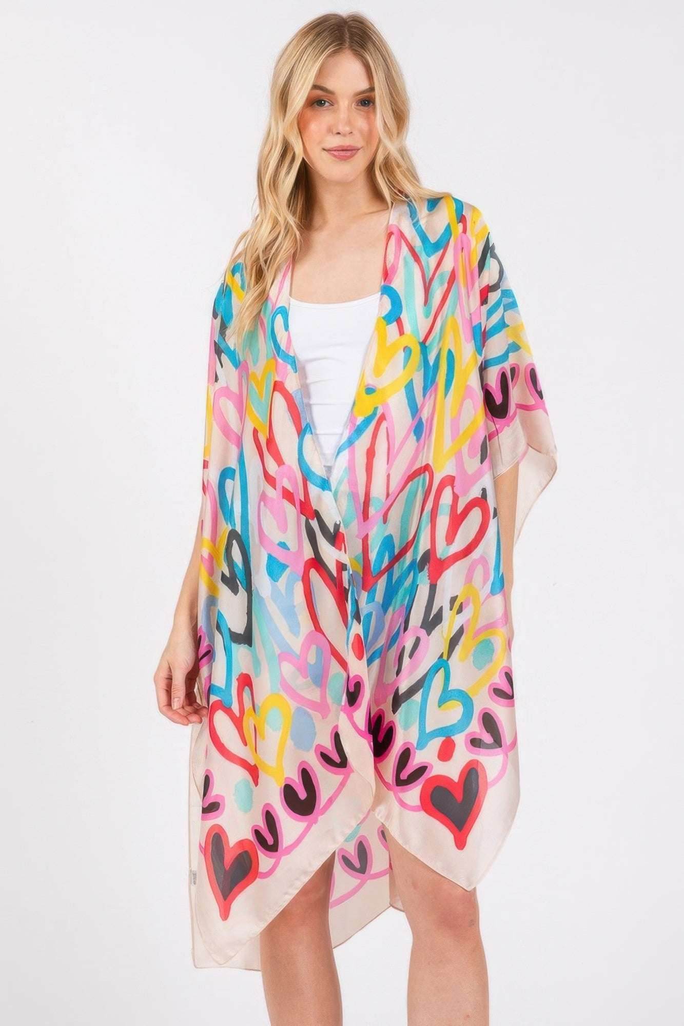 Multi Colored Heart Print Silky Feel Kimono - Ultim8 Designs 4 U