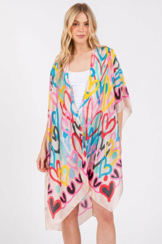 Multi Colored Heart Print Silky Feel Kimono - Ultim8 Designs 4 U