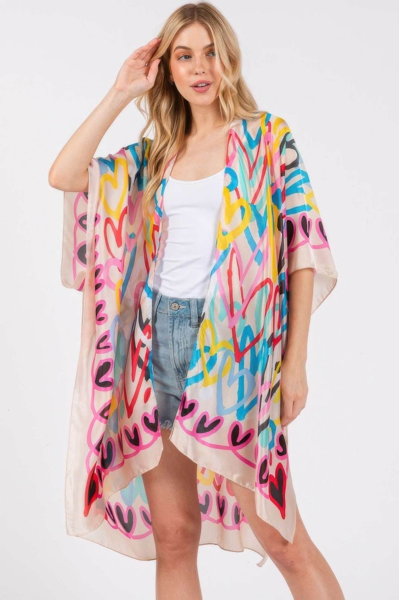 Multi Colored Heart Print Silky Feel Kimono - Ultim8 Designs 4 U