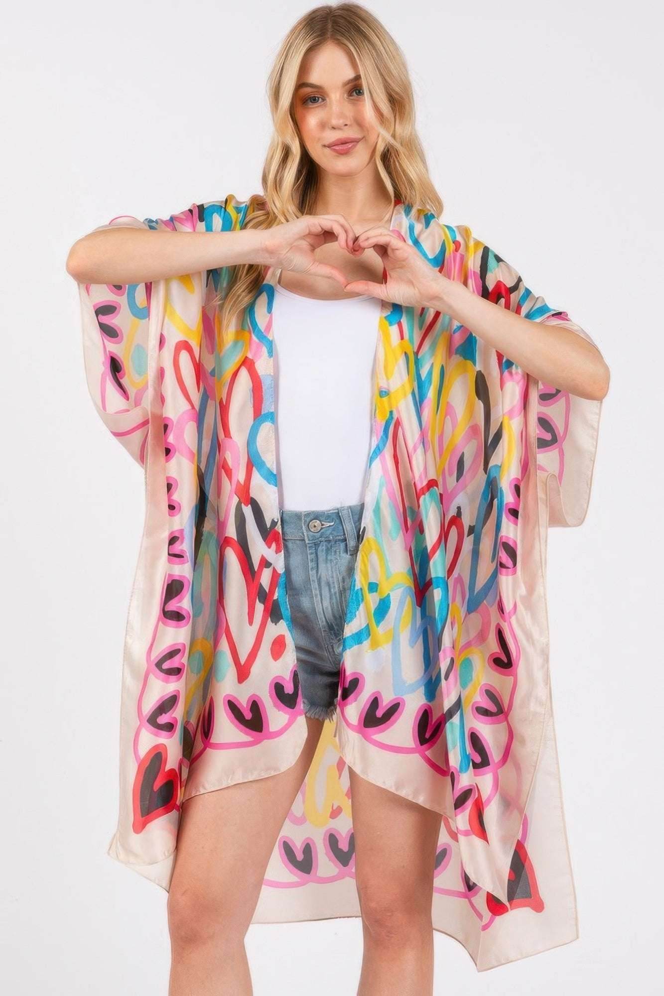 Multi Colored Heart Print Silky Feel Kimono - Ultim8 Designs 4 U