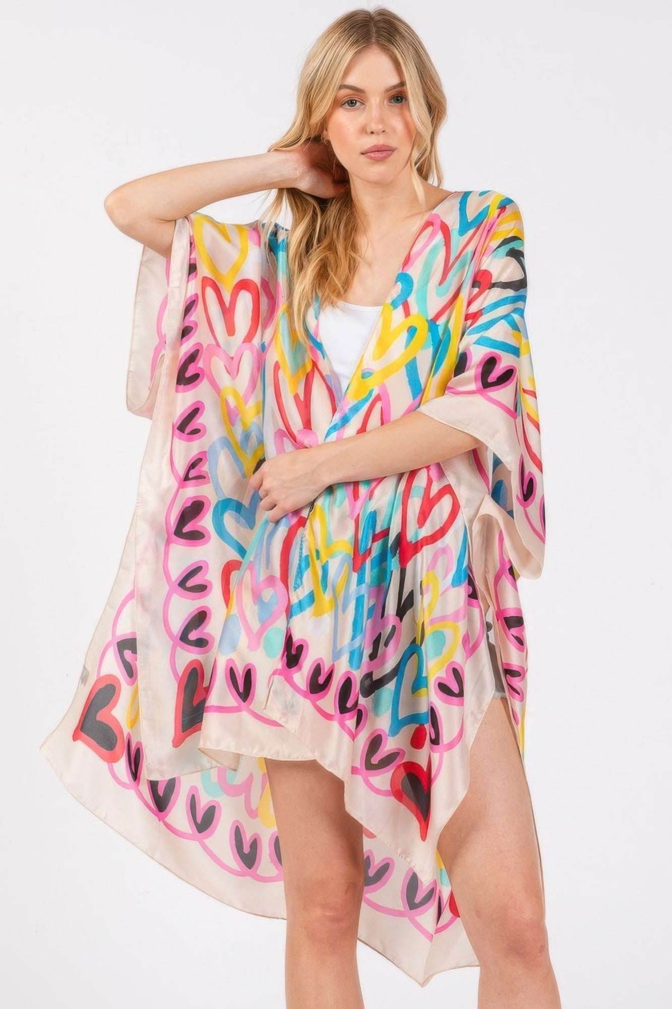 Multi Colored Heart Print Silky Feel Kimono - Ultim8 Designs 4 U