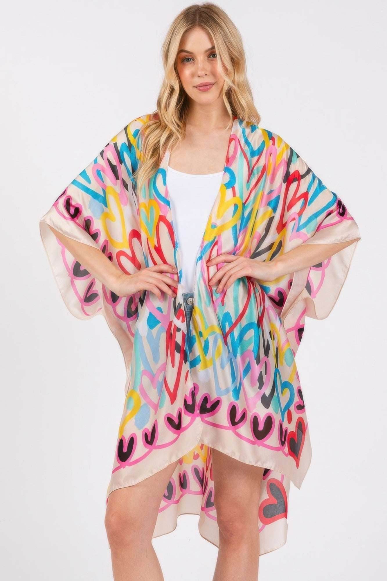 Multi Colored Heart Print Silky Feel Kimono - Ultim8 Designs 4 U