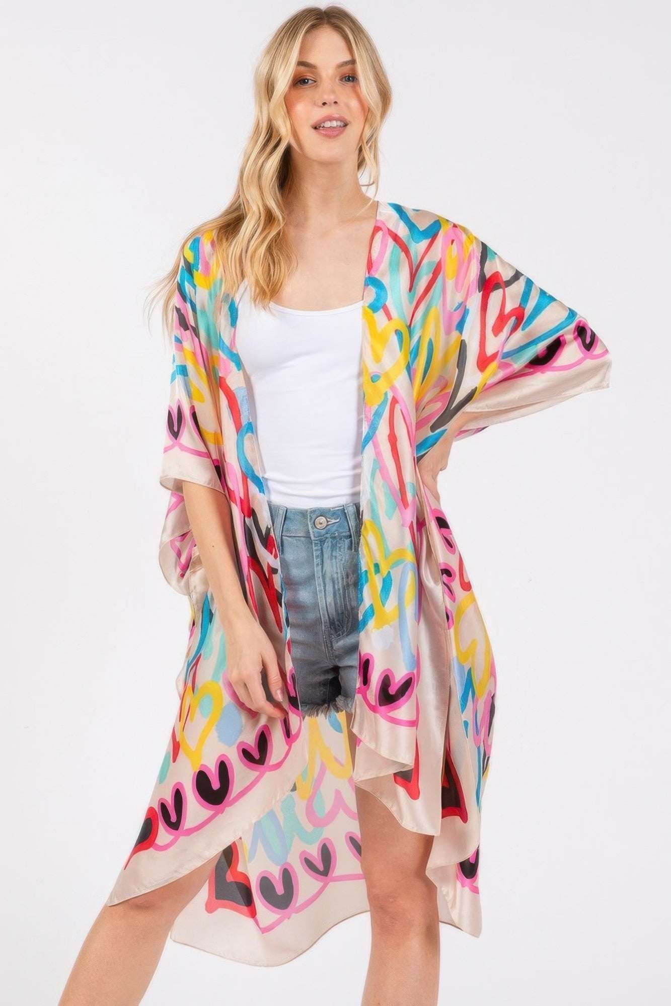 Multi Colored Heart Print Silky Feel Kimono - Ultim8 Designs 4 U