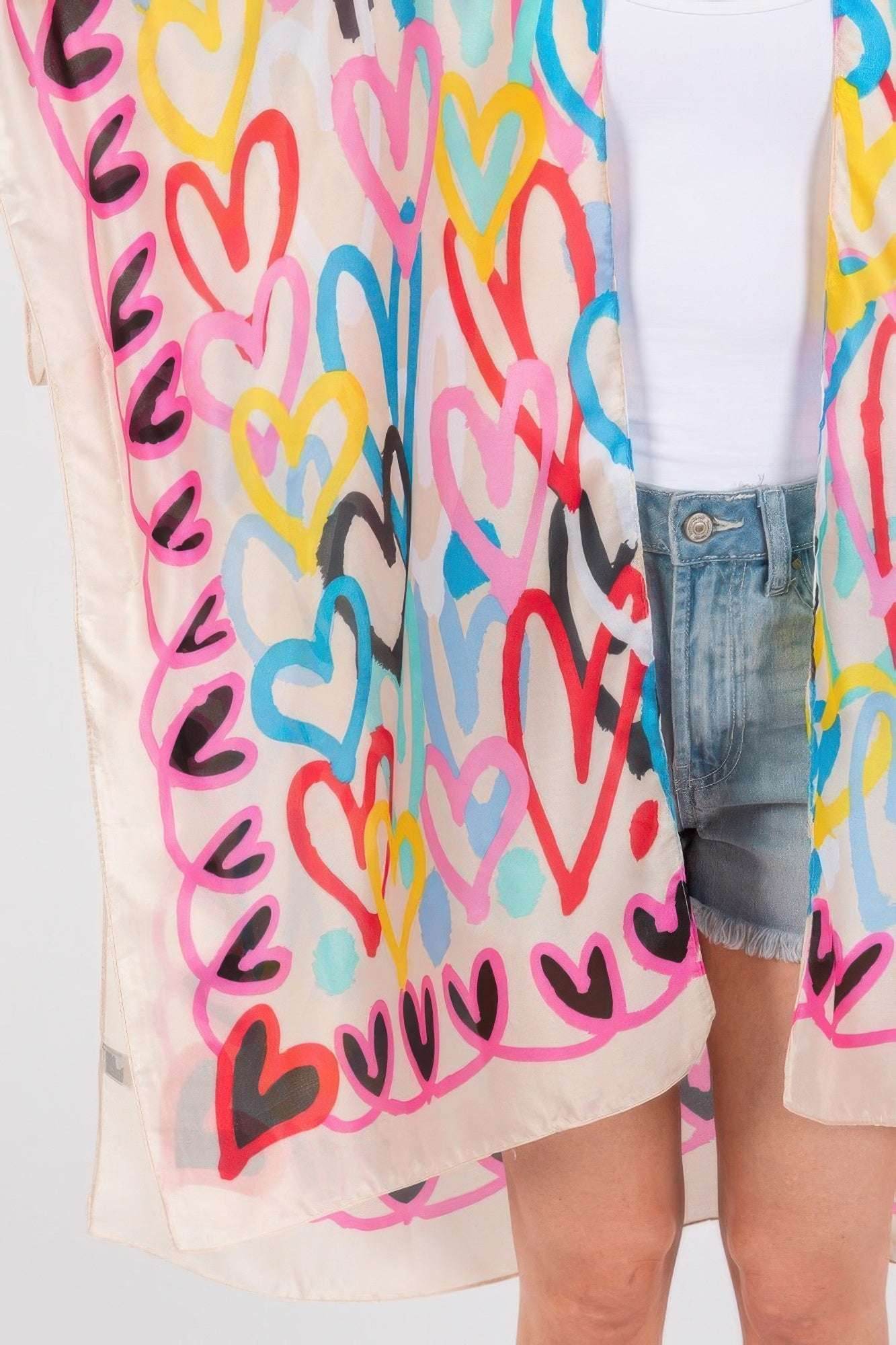Multi Colored Heart Print Silky Feel Kimono - Ultim8 Designs 4 U