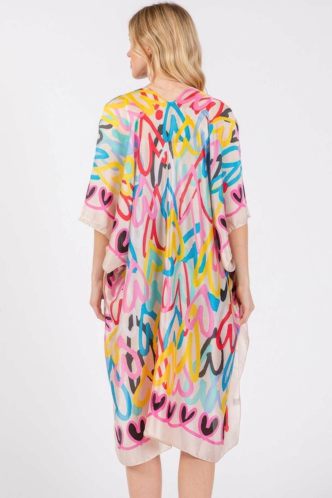 Multi Colored Heart Print Silky Feel Kimono - Ultim8 Designs 4 U