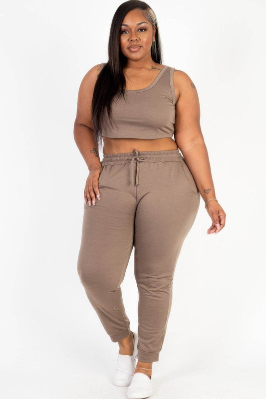 Plus Size French Terry Cropped Tank Top & Joggers Set - Ultim8 Designs 4 U