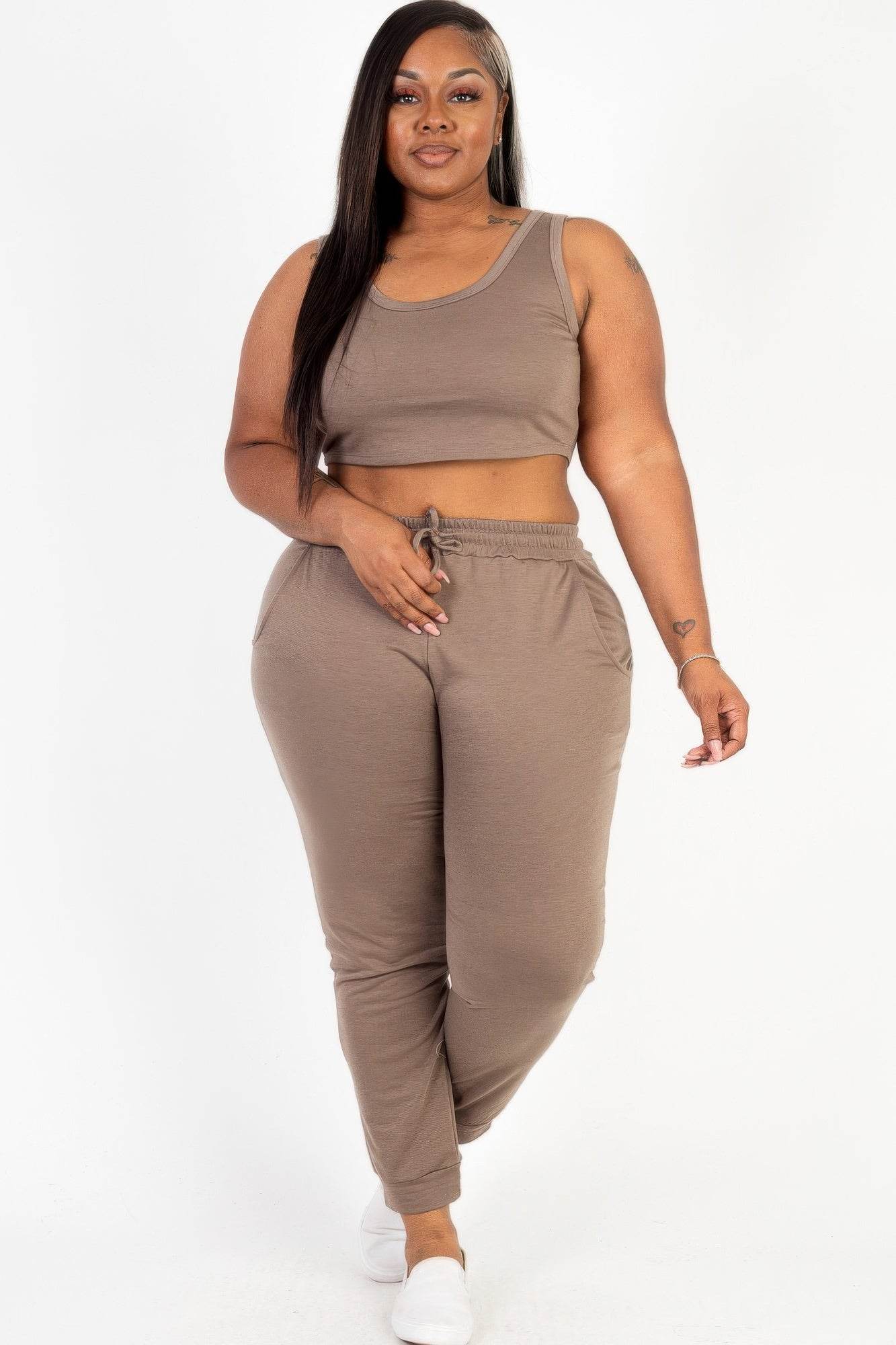 Plus Size French Terry Cropped Tank Top & Joggers Set - Ultim8 Designs 4 U
