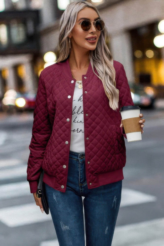 Solid Plaid Stitch Pockets Bomber Jacket - Ultim8 Designs 4 U