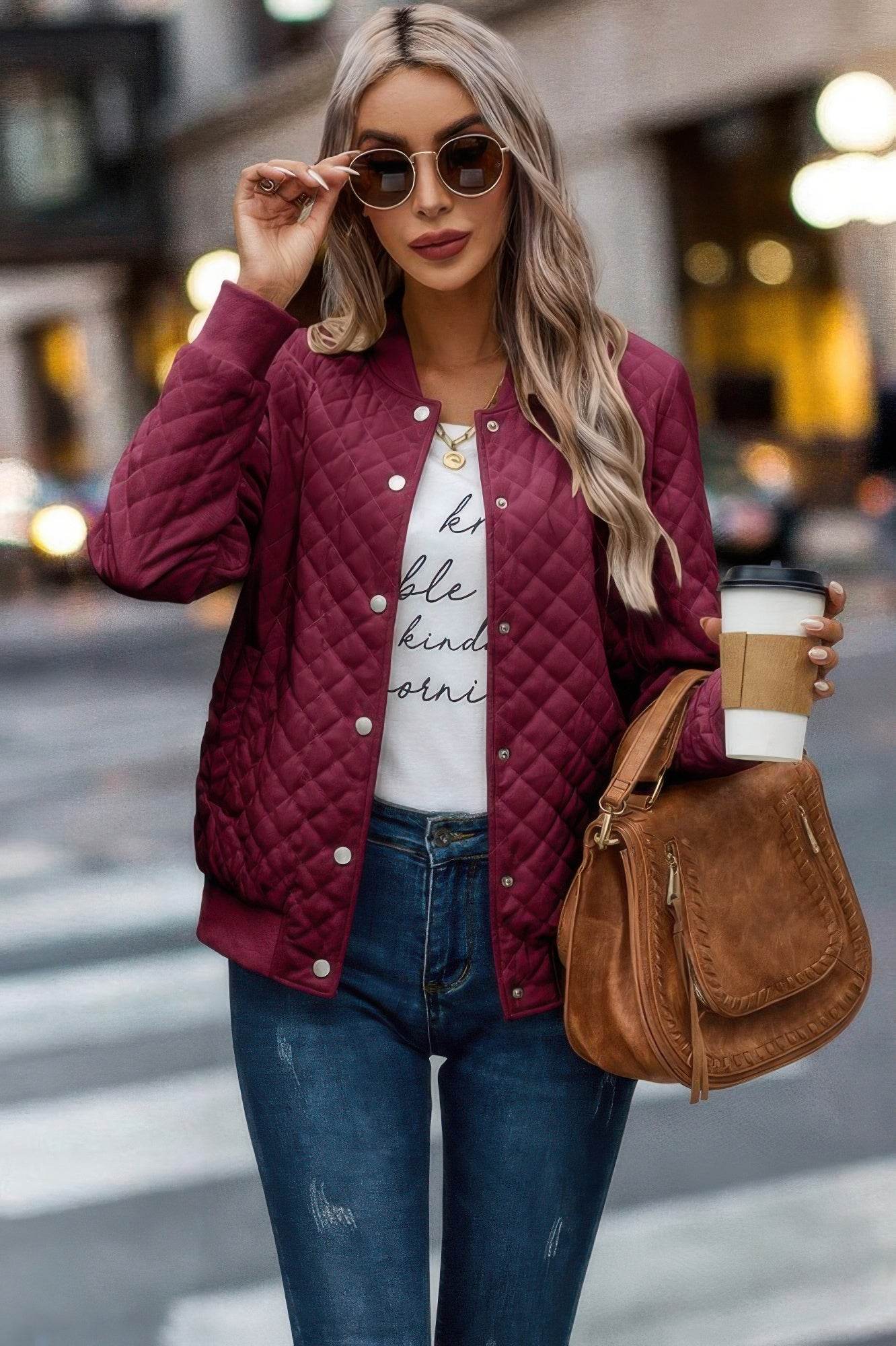 Solid Plaid Stitch Pockets Bomber Jacket - Ultim8 Designs 4 U