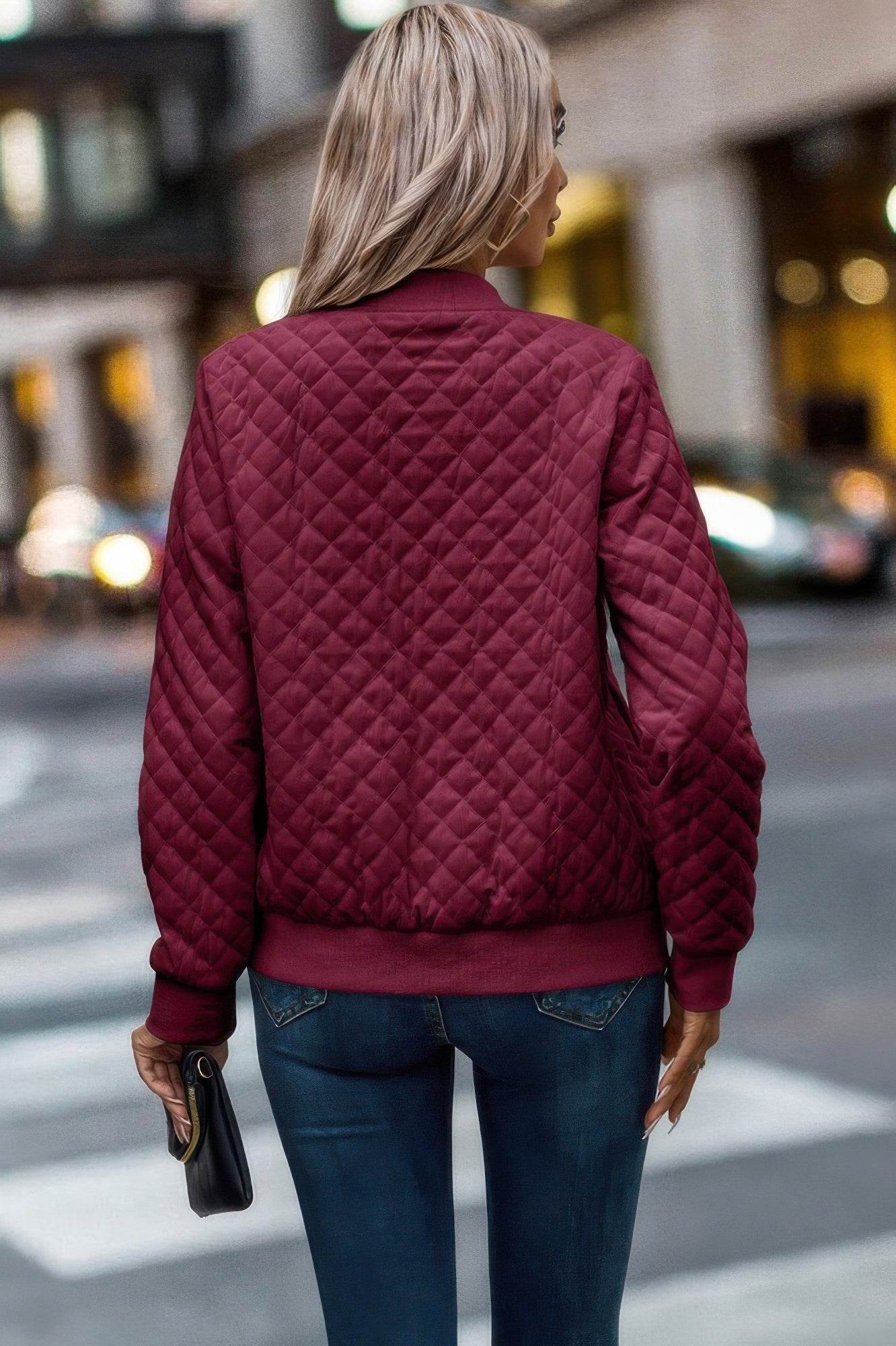 Solid Plaid Stitch Pockets Bomber Jacket - Ultim8 Designs 4 U