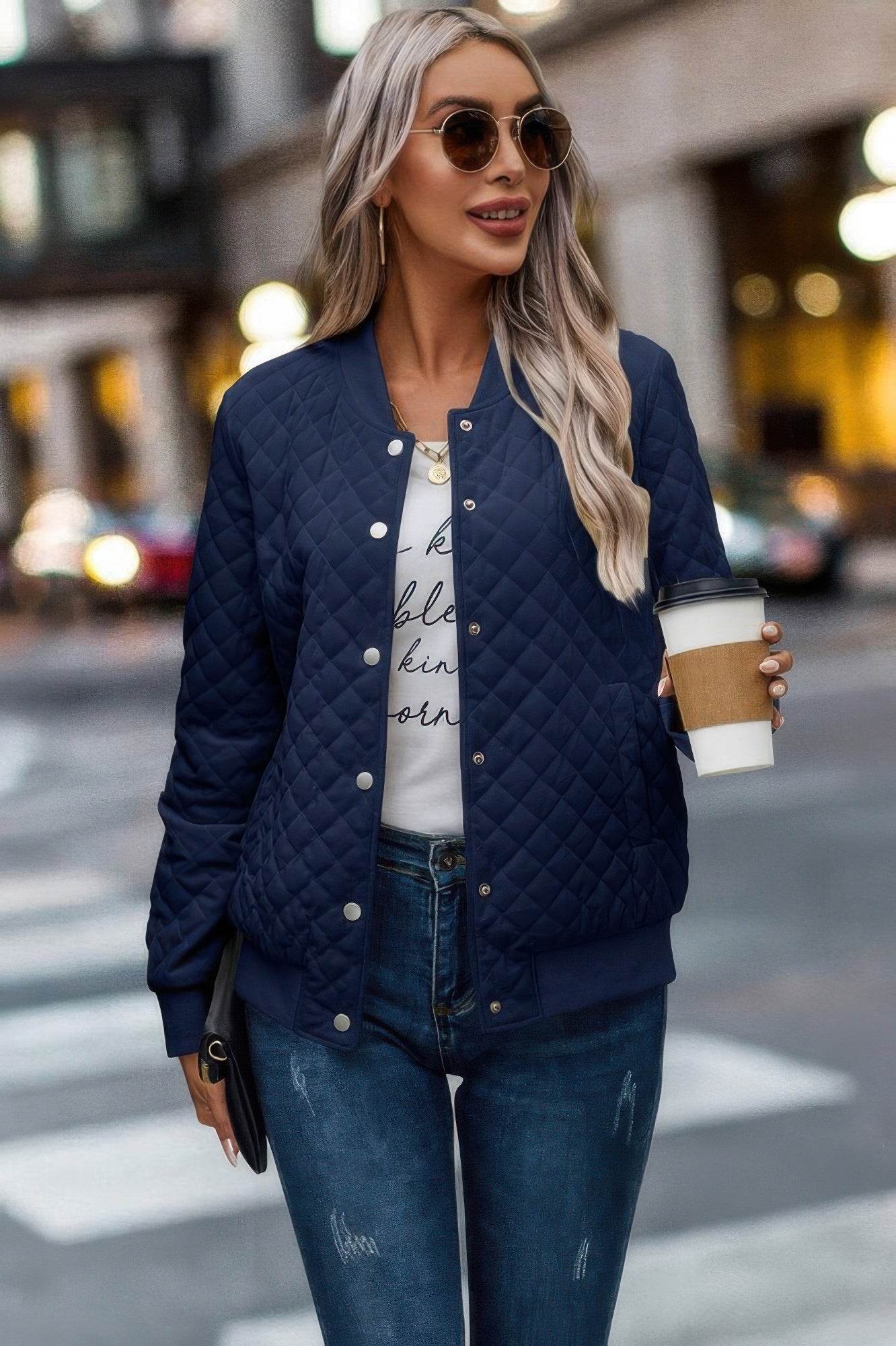Solid Plaid Stitch Pockets Bomber Jacket - Ultim8 Designs 4 U