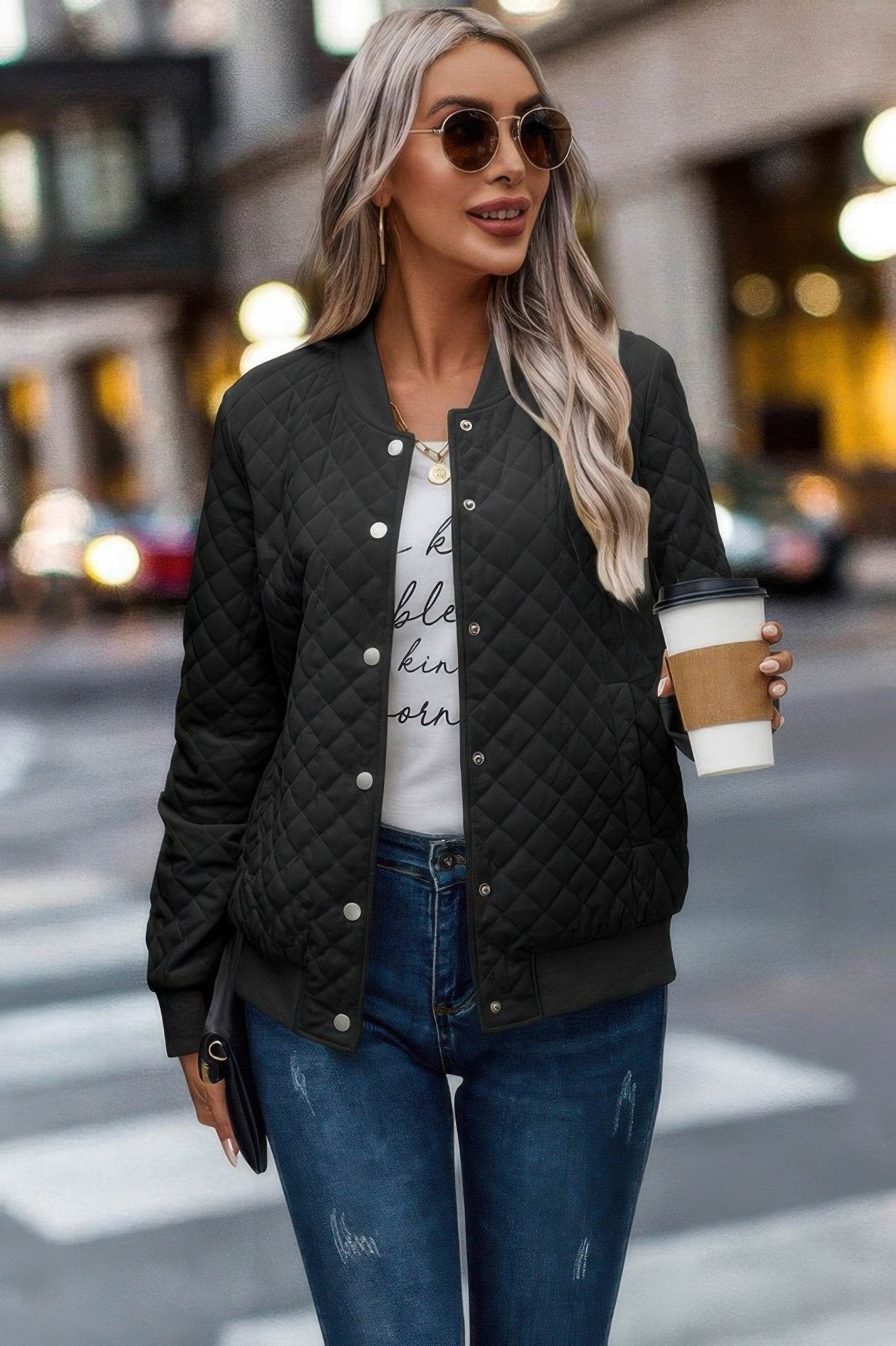 Solid Plaid Stitch Pockets Bomber Jacket - Ultim8 Designs 4 U