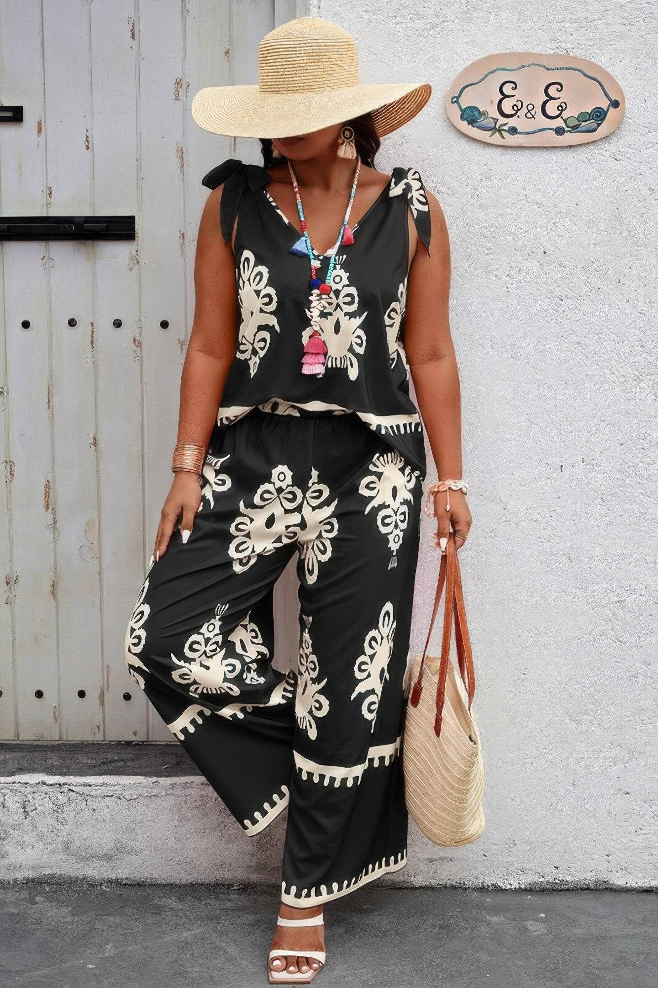 Plus Size Printed Knot Shoulder Wide Leg Sets - Ultim8 Designs 4 U