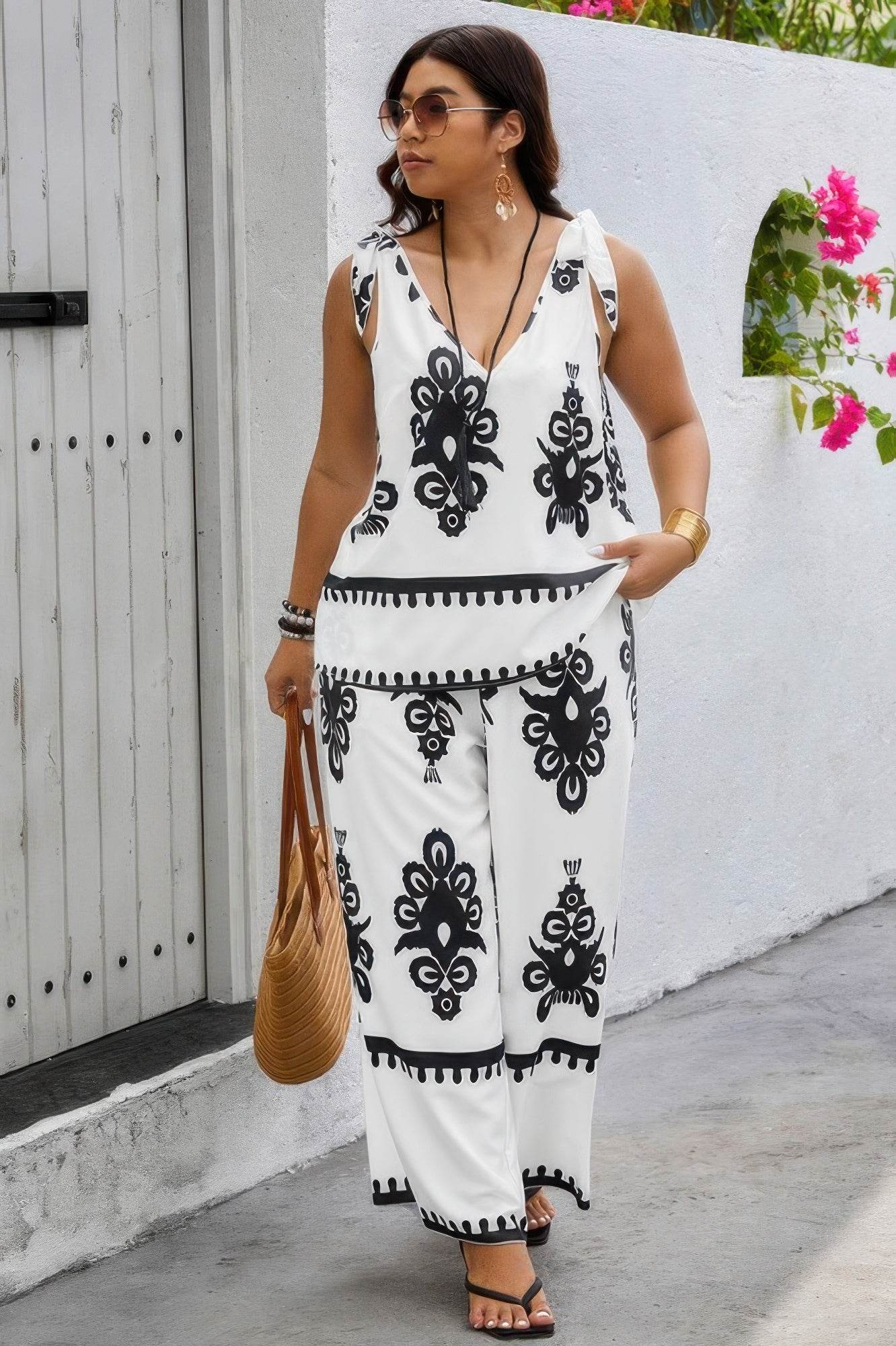 Plus Size Printed Knot Shoulder Wide Leg Sets - Ultim8 Designs 4 U
