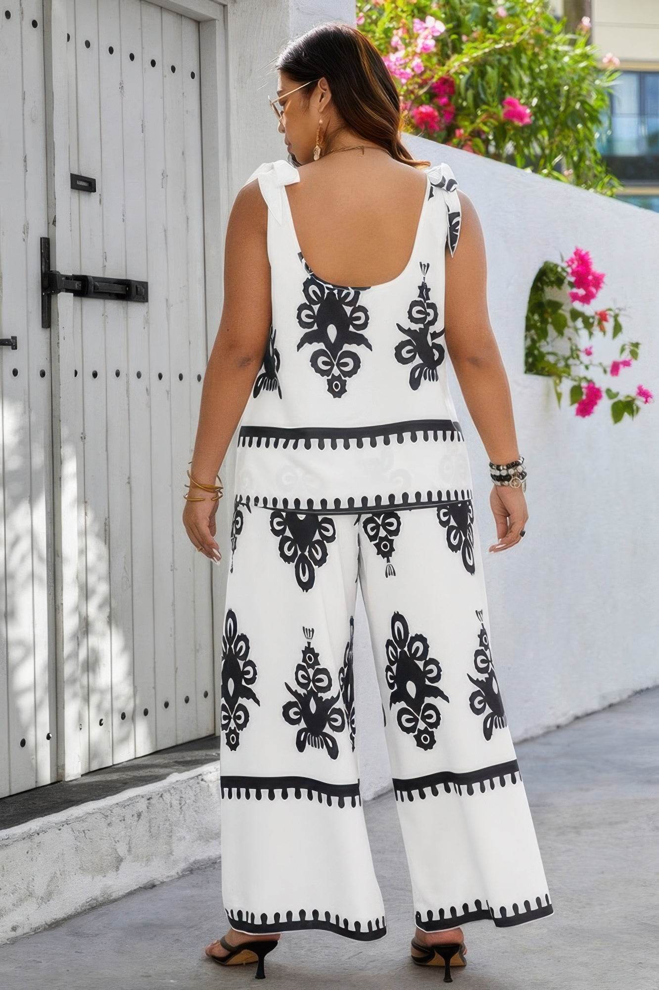 Plus Size Printed Knot Shoulder Wide Leg Sets - Ultim8 Designs 4 U