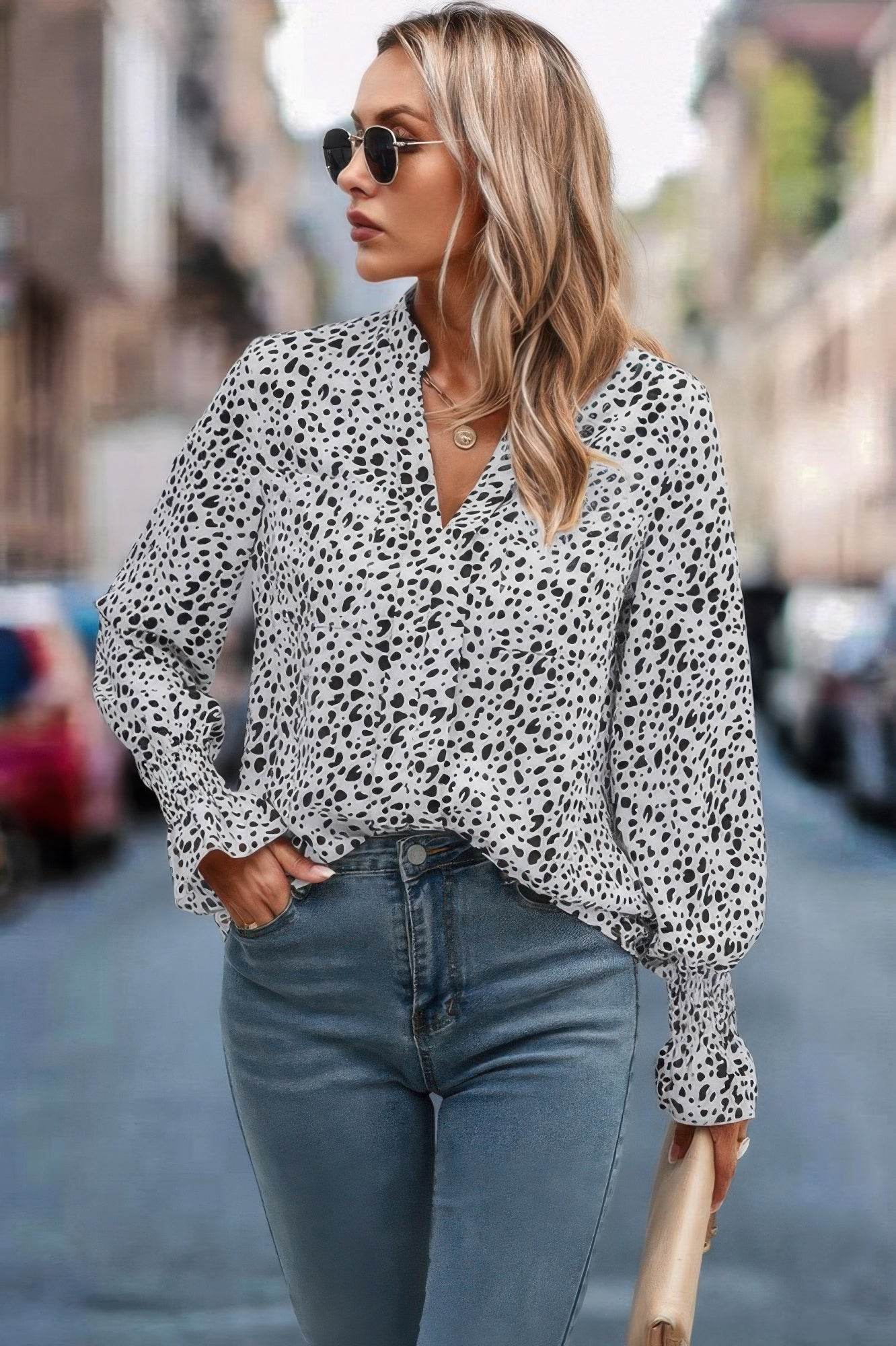 Allover Print V Neck Long Sleeve Loose Blouse - Ultim8 Designs 4 U