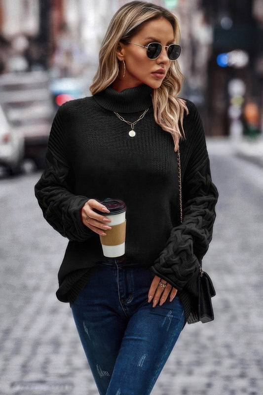 Solid Knit Long Sleeve Turtleneck Loose Sweater - Ultim8 Designs 4 U