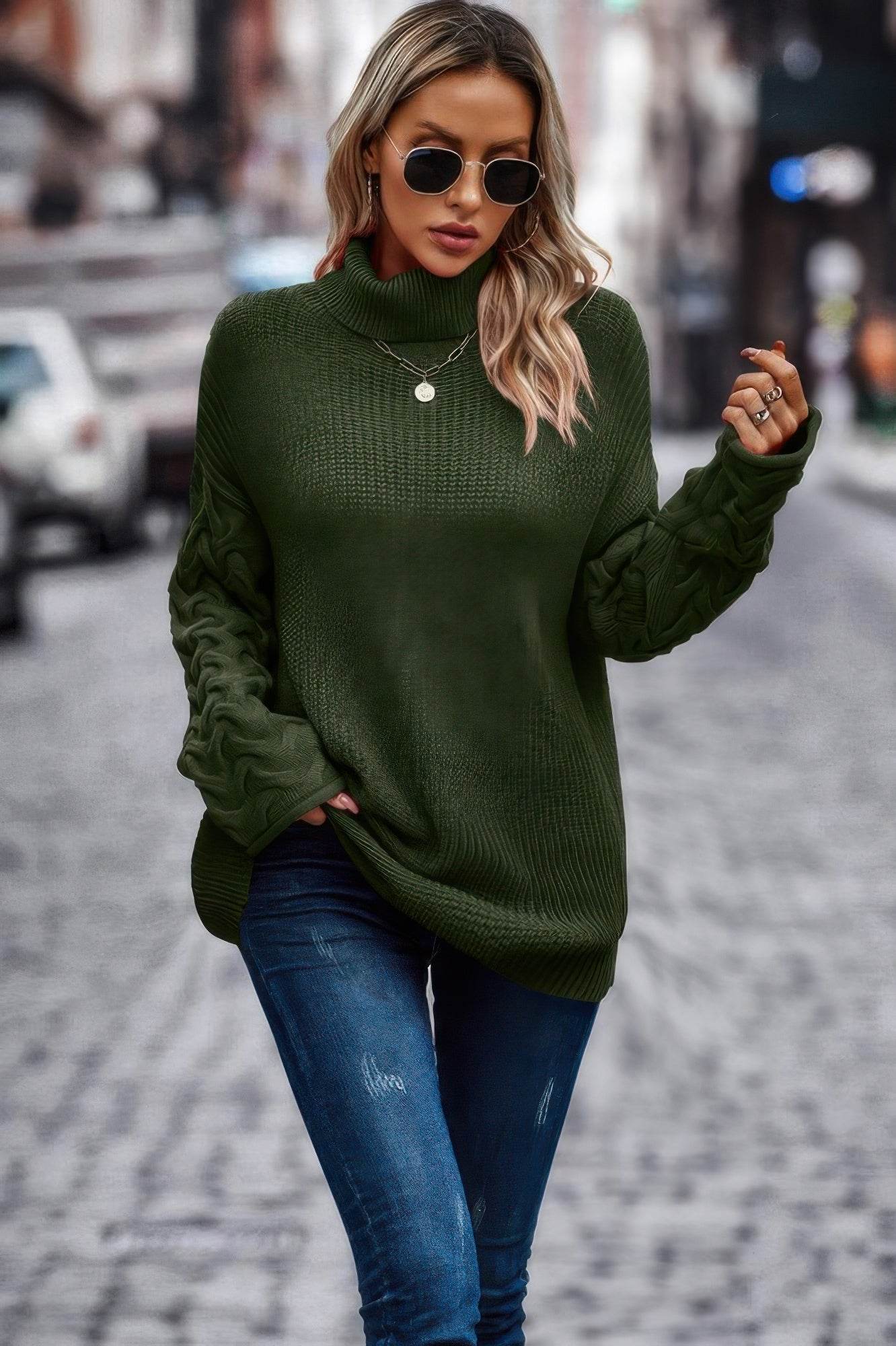 Solid Knit Long Sleeve Turtleneck Loose Sweater - Ultim8 Designs 4 U