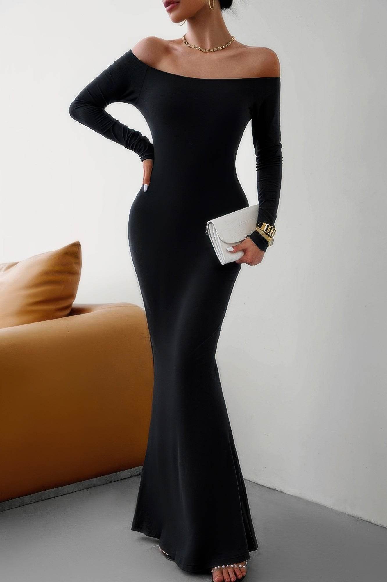 Solid Elastic Off Shoulder Bodycon Long Sleeve Dress - Ultim8 Designs 4 U