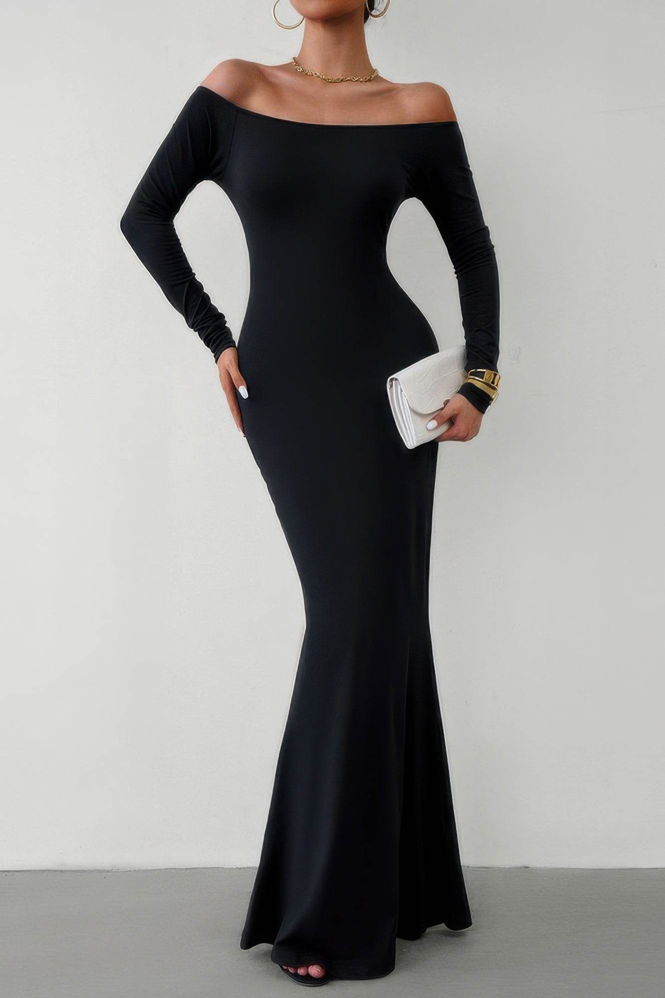 Solid Elastic Off Shoulder Bodycon Long Sleeve Dress - Ultim8 Designs 4 U
