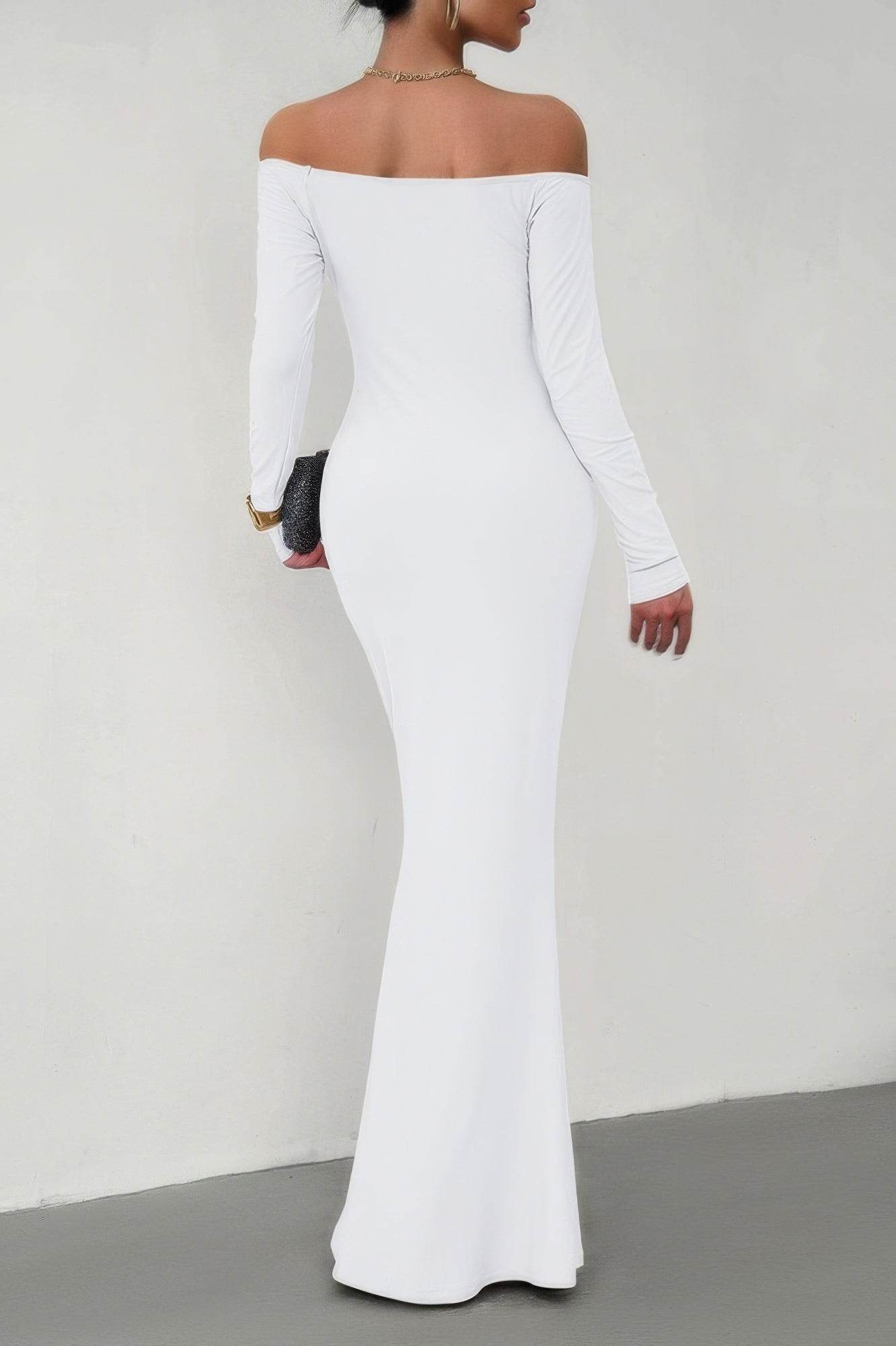 Solid Elastic Off Shoulder Bodycon Long Sleeve Dress - Ultim8 Designs 4 U