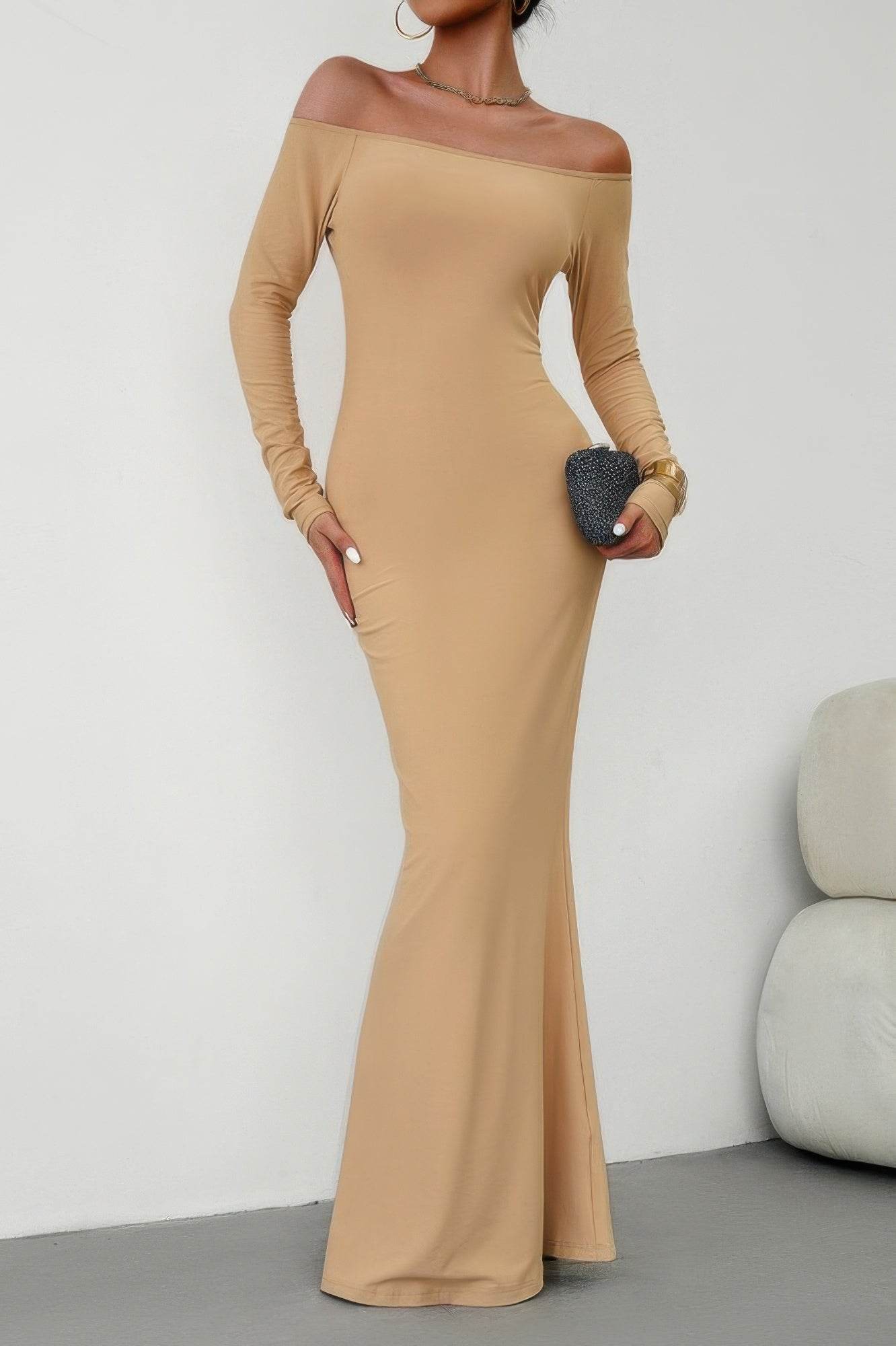 Solid Elastic Off Shoulder Bodycon Long Sleeve Dress - Ultim8 Designs 4 U