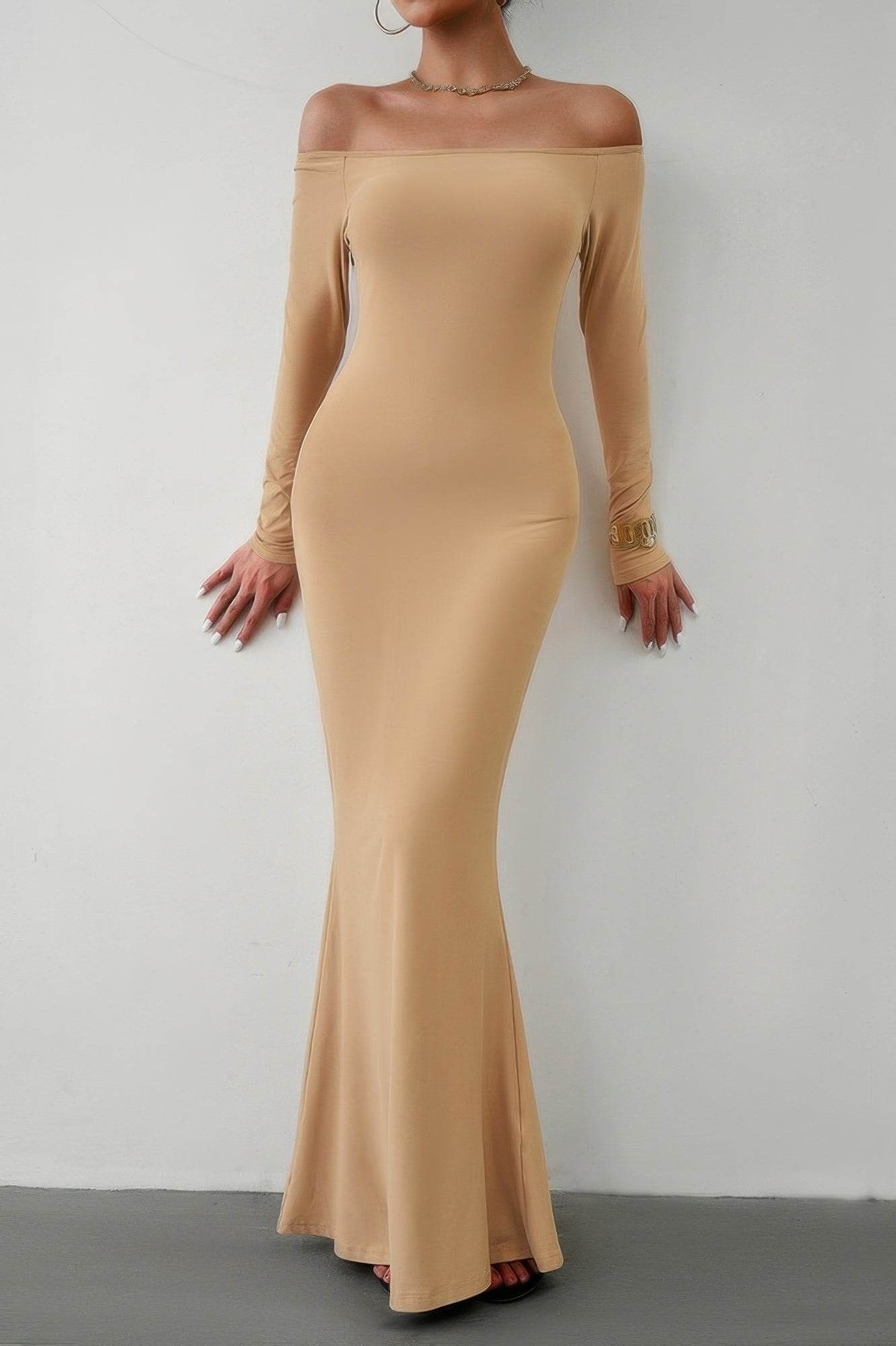 Solid Elastic Off Shoulder Bodycon Long Sleeve Dress - Ultim8 Designs 4 U