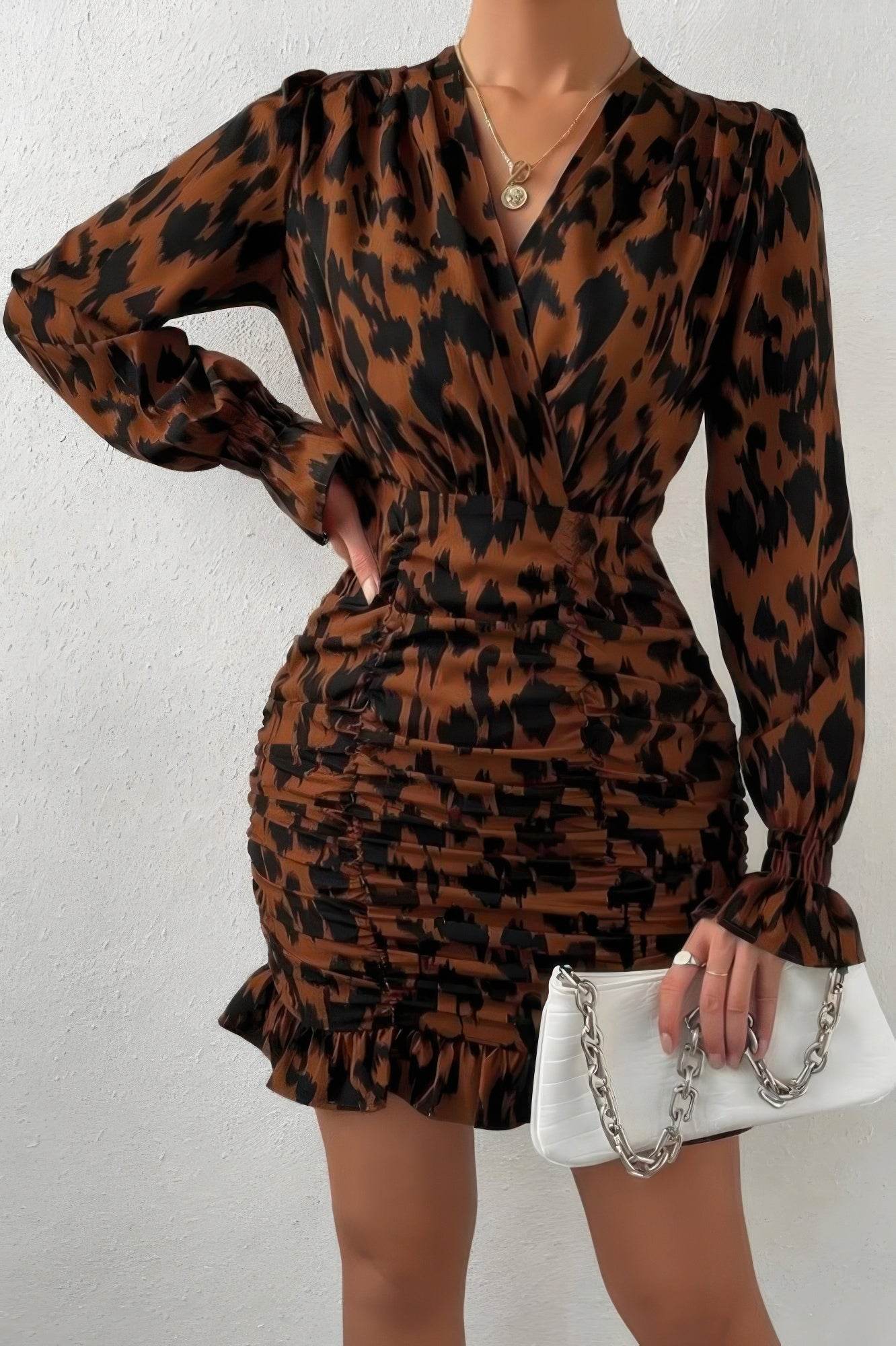 Ruched Ruffled Leopard Long Sleeve Fit Dress - Ultim8 Designs 4 U
