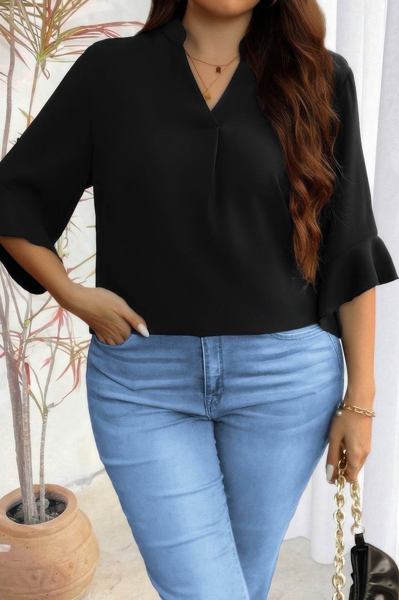 Plus V Neck Ruffle Half Sleeves Loose Blouse - Ultim8 Designs 4 U
