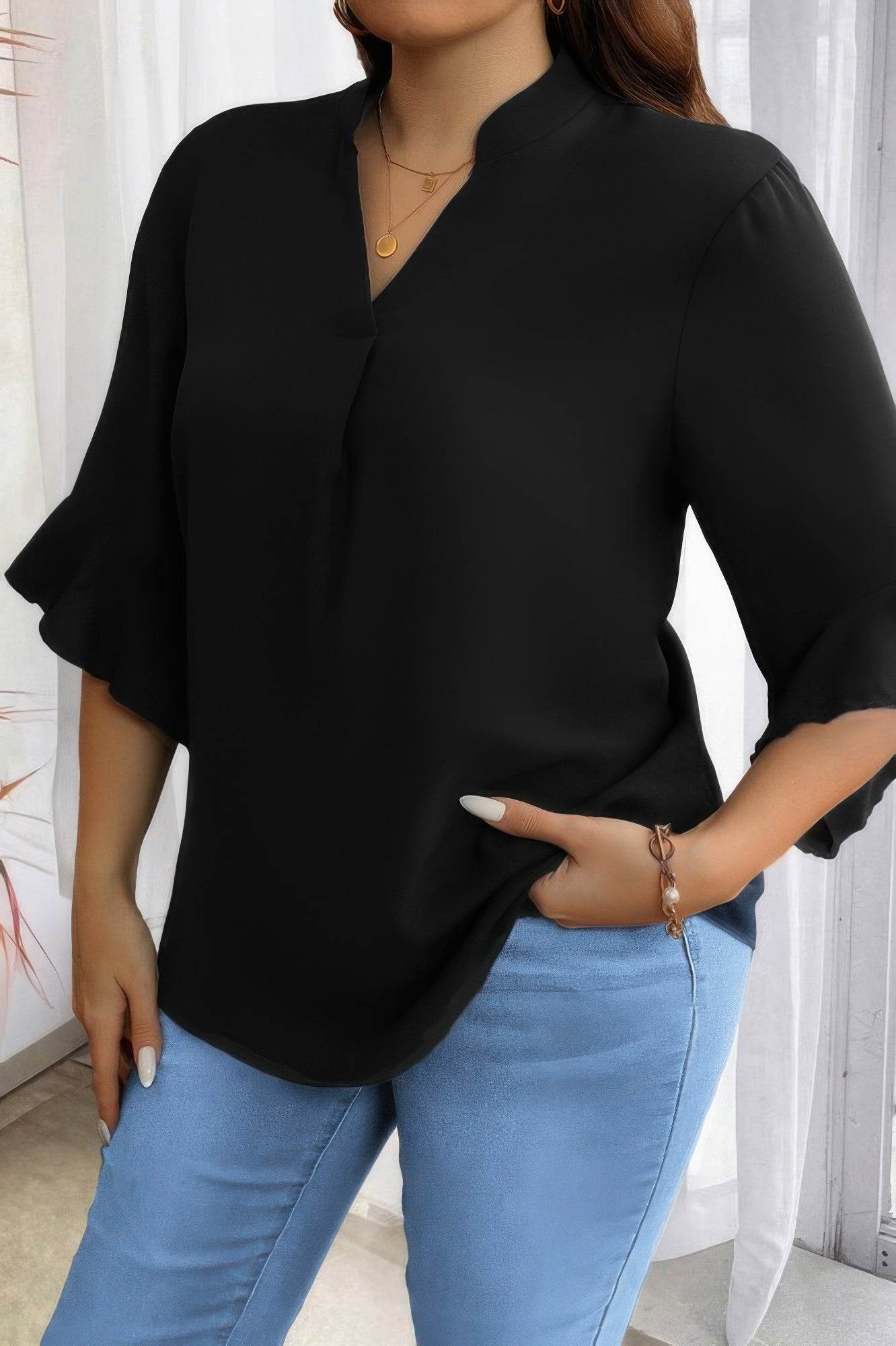 Plus V Neck Ruffle Half Sleeves Loose Blouse - Ultim8 Designs 4 U