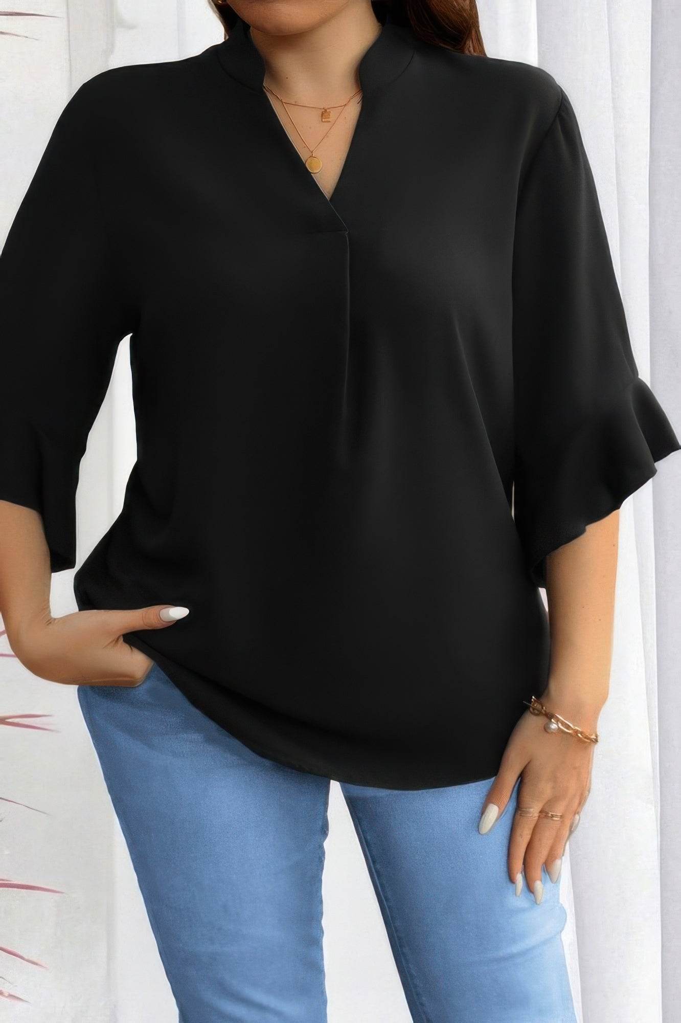 Plus V Neck Ruffle Half Sleeves Loose Blouse - Ultim8 Designs 4 U