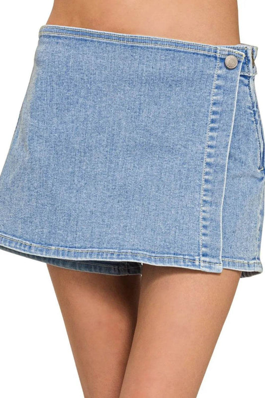 Zenana Wrap Front Skort Denim Shorts - Ultim8 Designs 4 U
