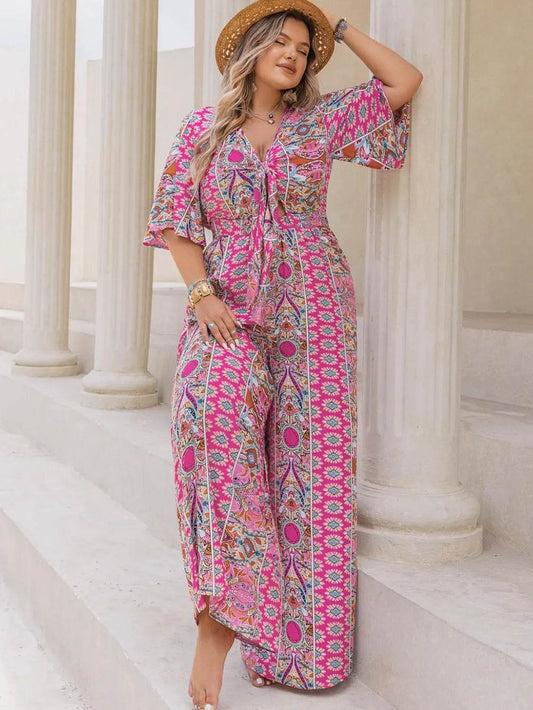 Plus Size Printed Half Sleeve Wide Leg Jumpsuit - Ultim8 Designs 4 U