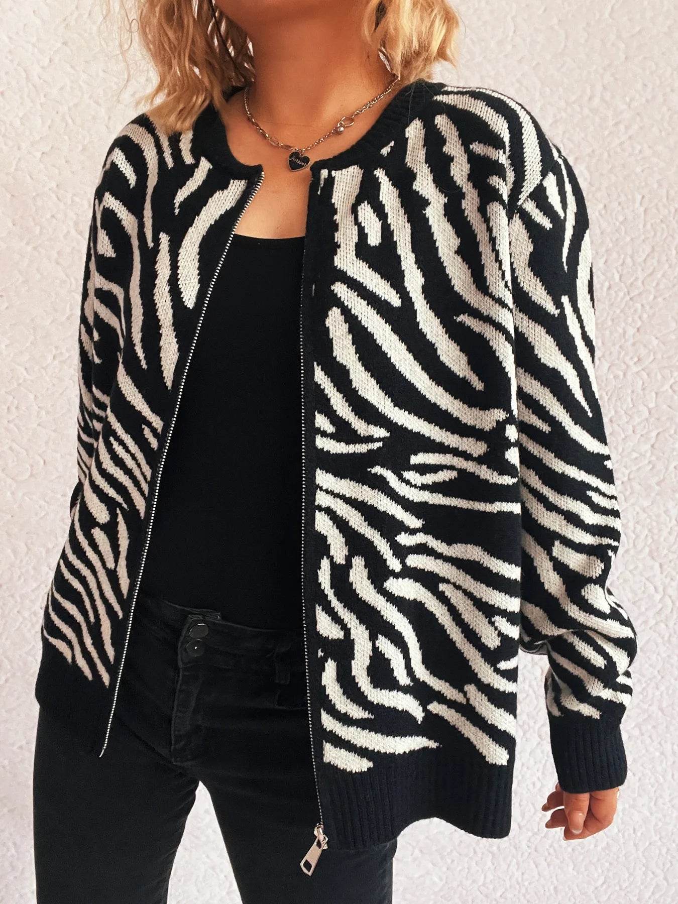 Zebra Print Zip Up Cardigan - Ultim8 Designs 4 U