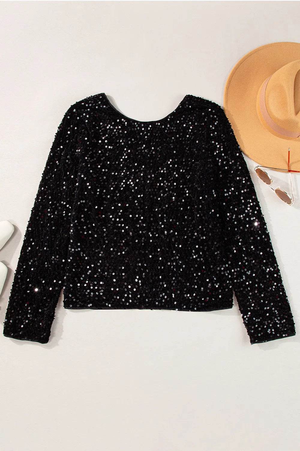 Sequin Round Neck Long Sleeve Blouse - Ultim8 Designs 4 U