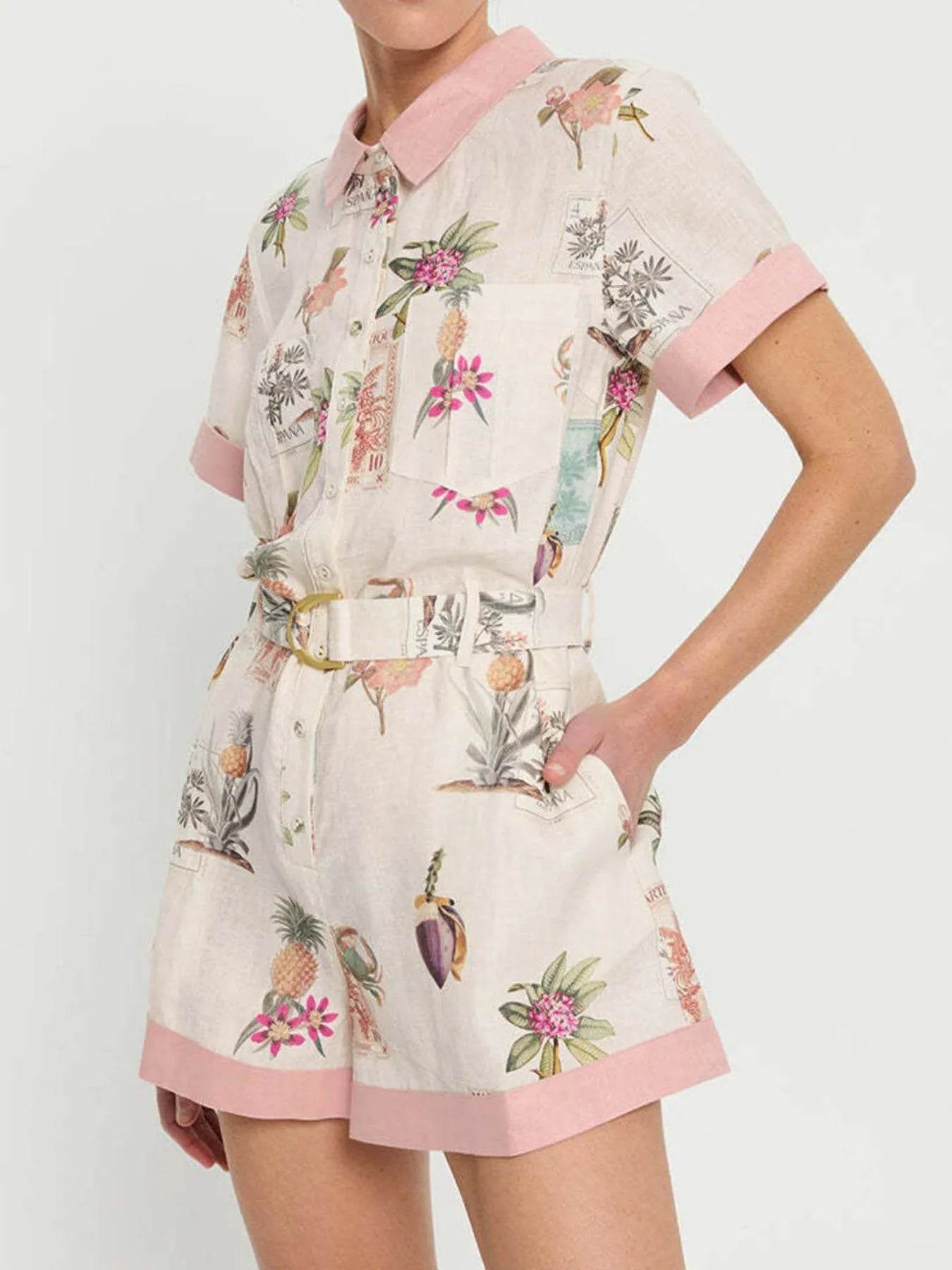 Printed Short Sleeve Romper with Belt - Ultim8 Designs 4 U
