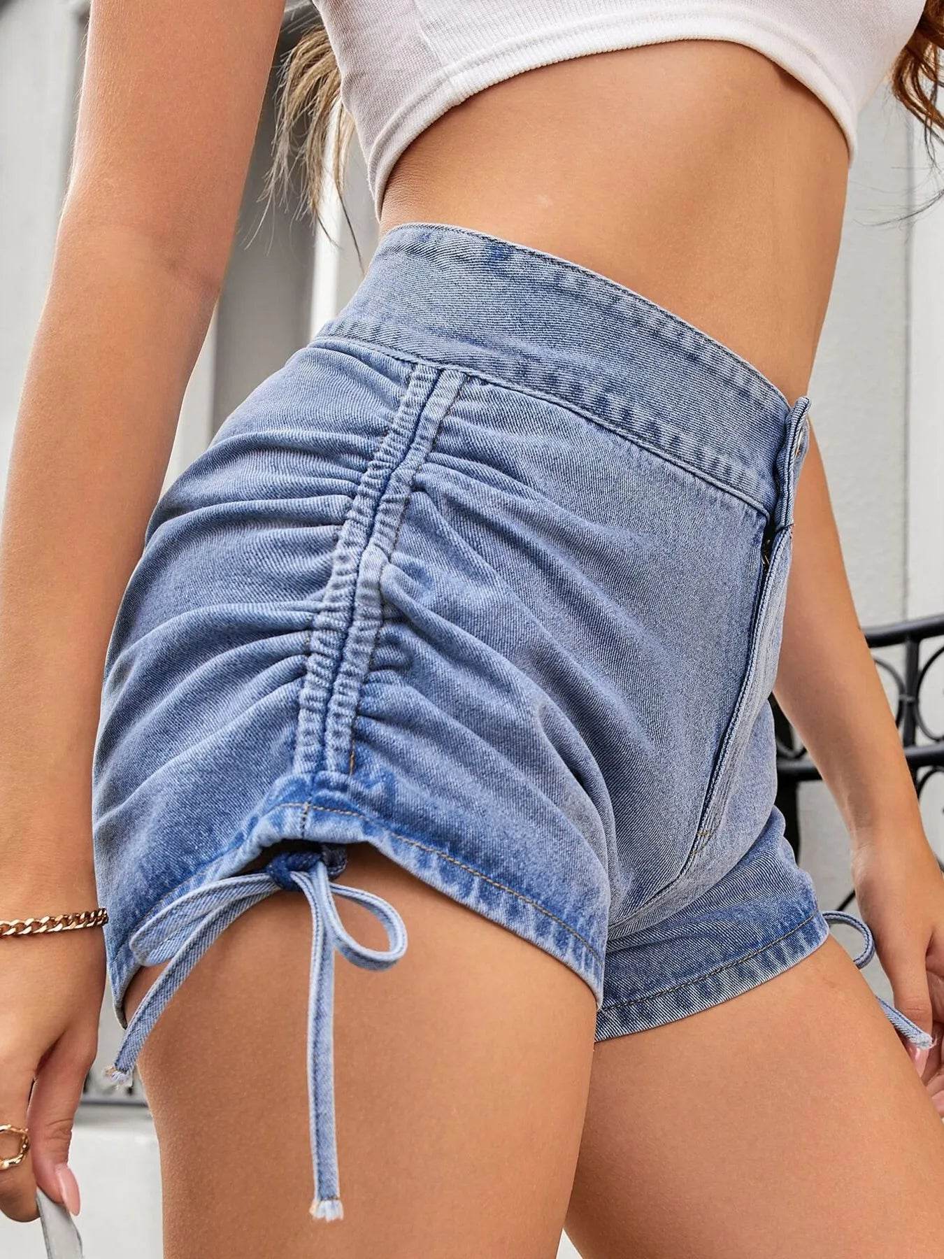 Ruched Side Drawstring Denim Shorts - Ultim8 Designs 4 U
