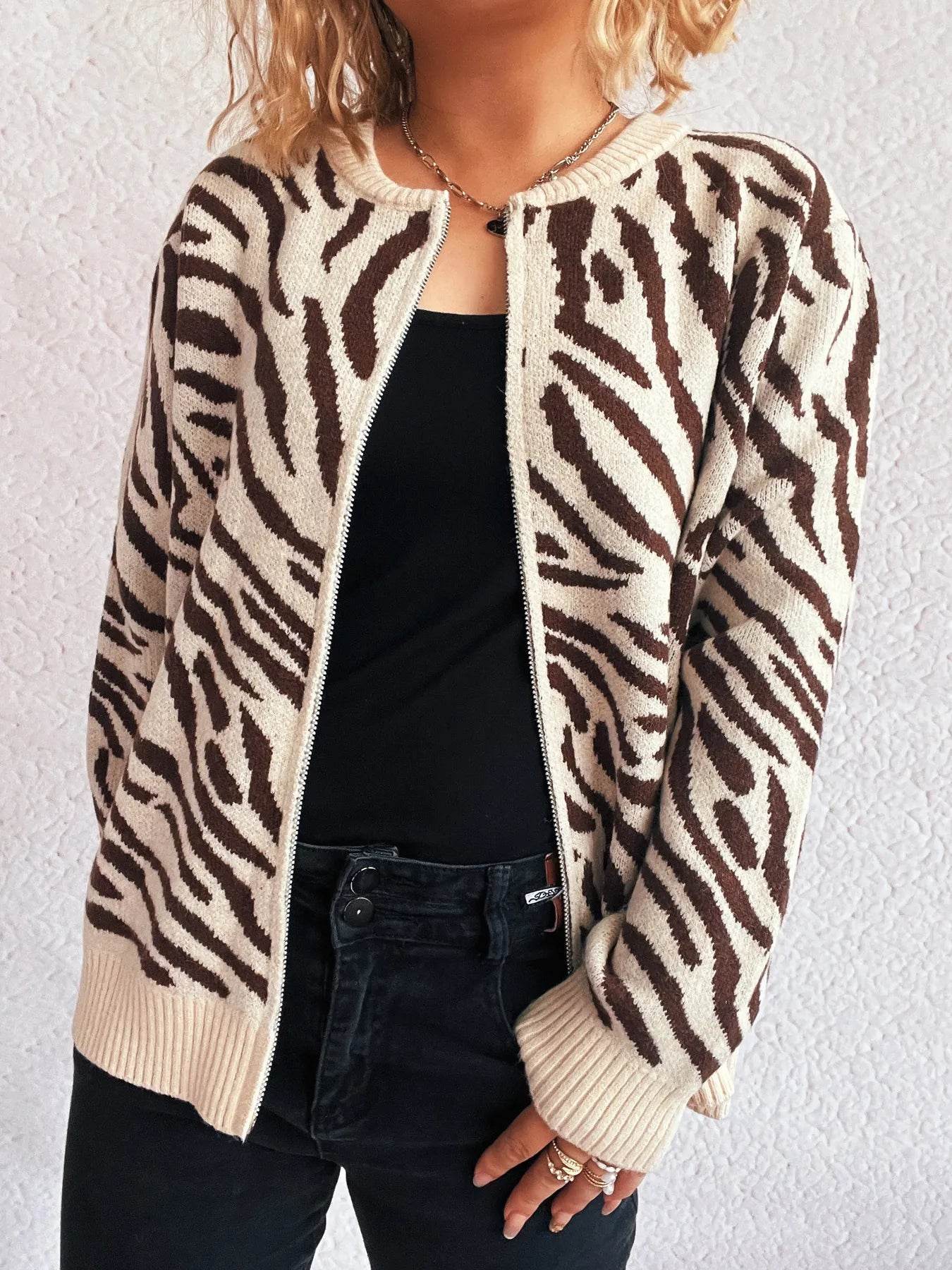 Zebra Print Zip Up Cardigan - Ultim8 Designs 4 U