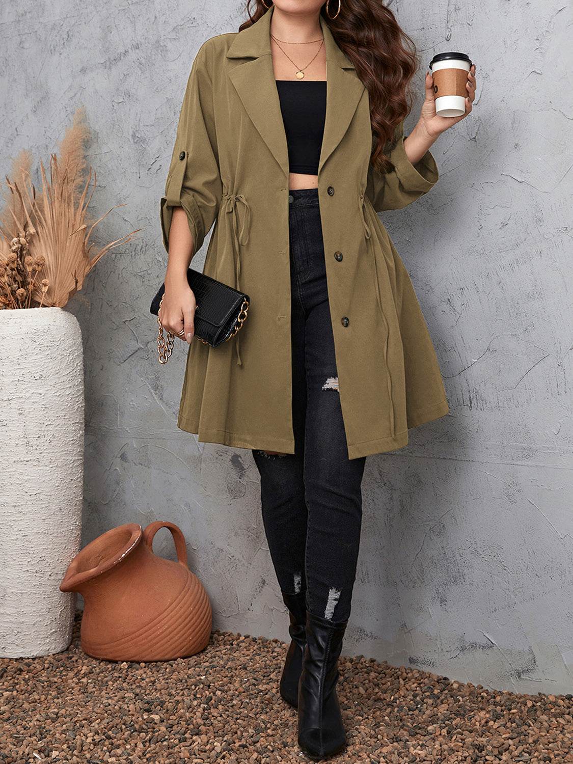 Honey Plus Size Lapel Collar Drawstring Roll-Tab Sleeve Trench Coat - Ultim8 Designs 4 U