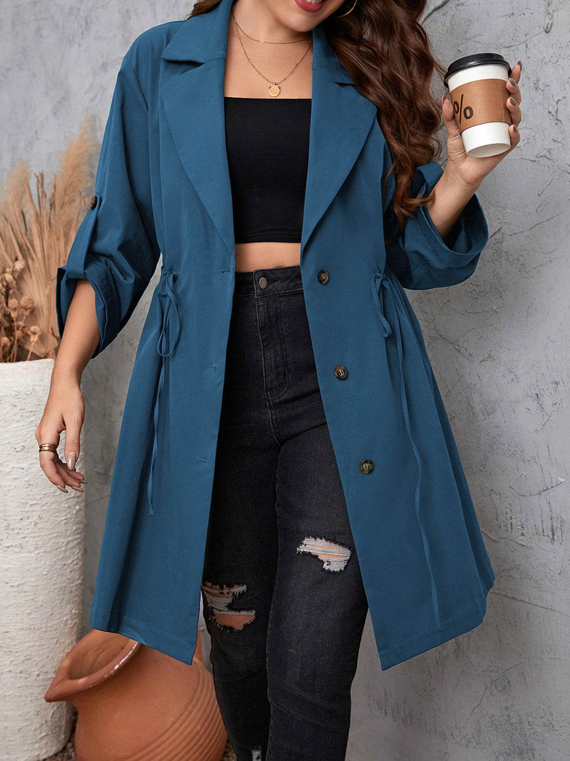 Honey Plus Size Lapel Collar Drawstring Roll-Tab Sleeve Trench Coat - Ultim8 Designs 4 U