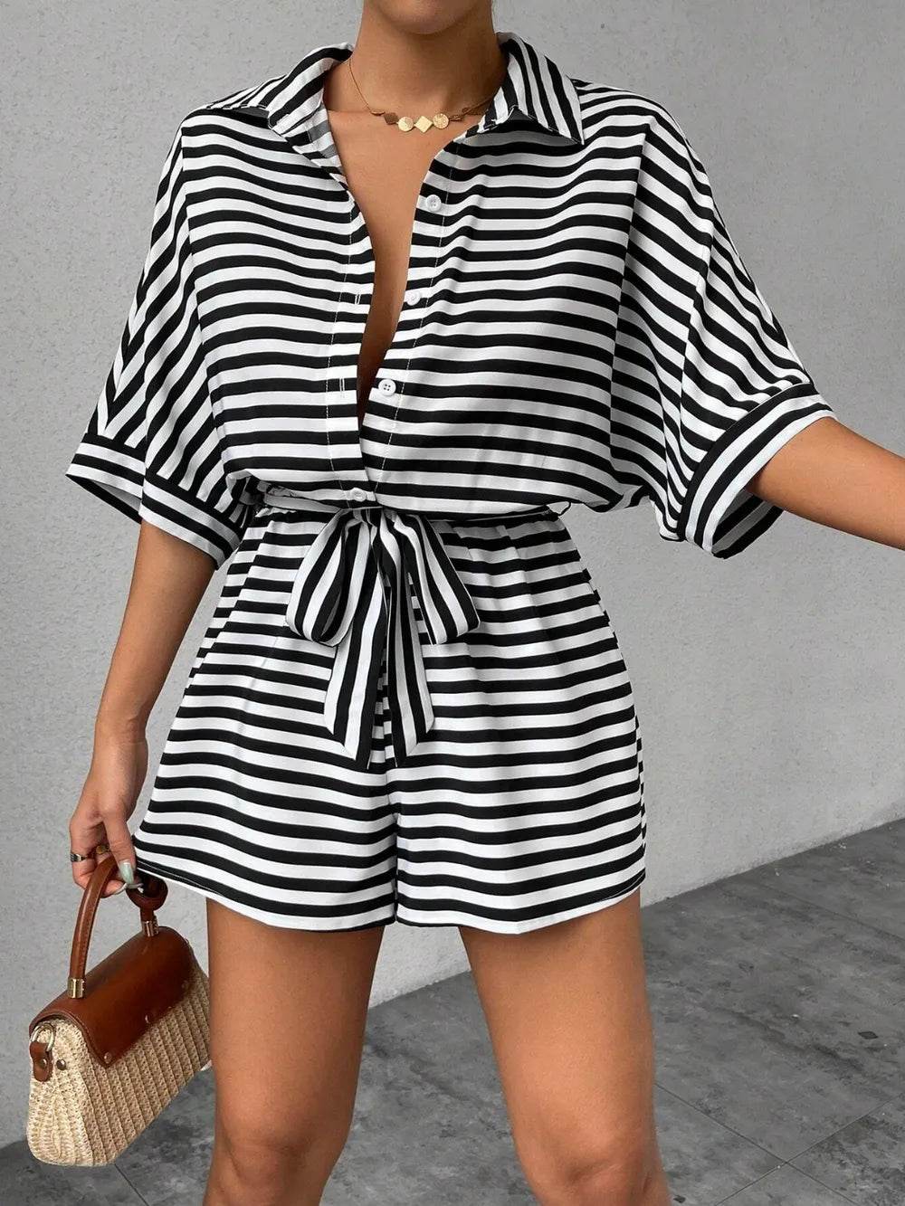 Tie Waist Half Button Striped Romper - Ultim8 Designs 4 U
