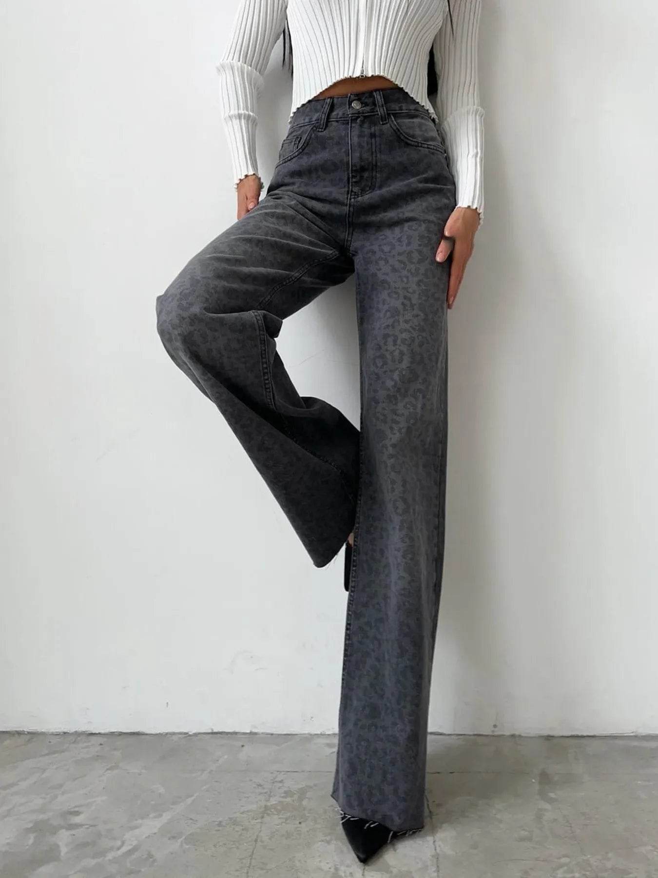 High-Waisted Leopard Print Flare Jeans - Ultim8 Designs 4 U